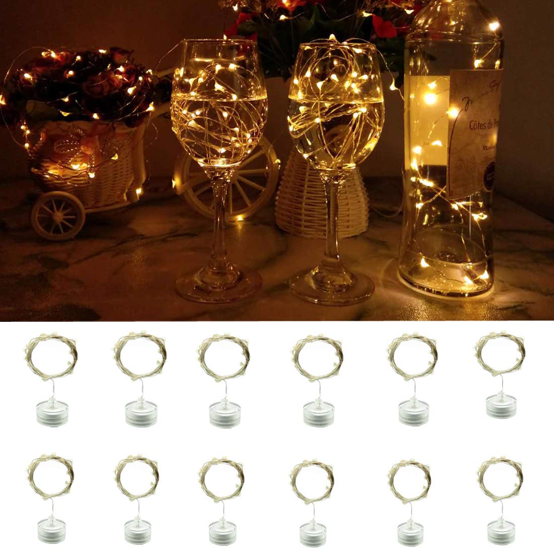 Amants01 12 Pack Waterproof LED String Lights, Indoor/Ourdoor Micro LED Lights, 2m/6.5ft 20 LEDs,Warm White Color, Battery Opera