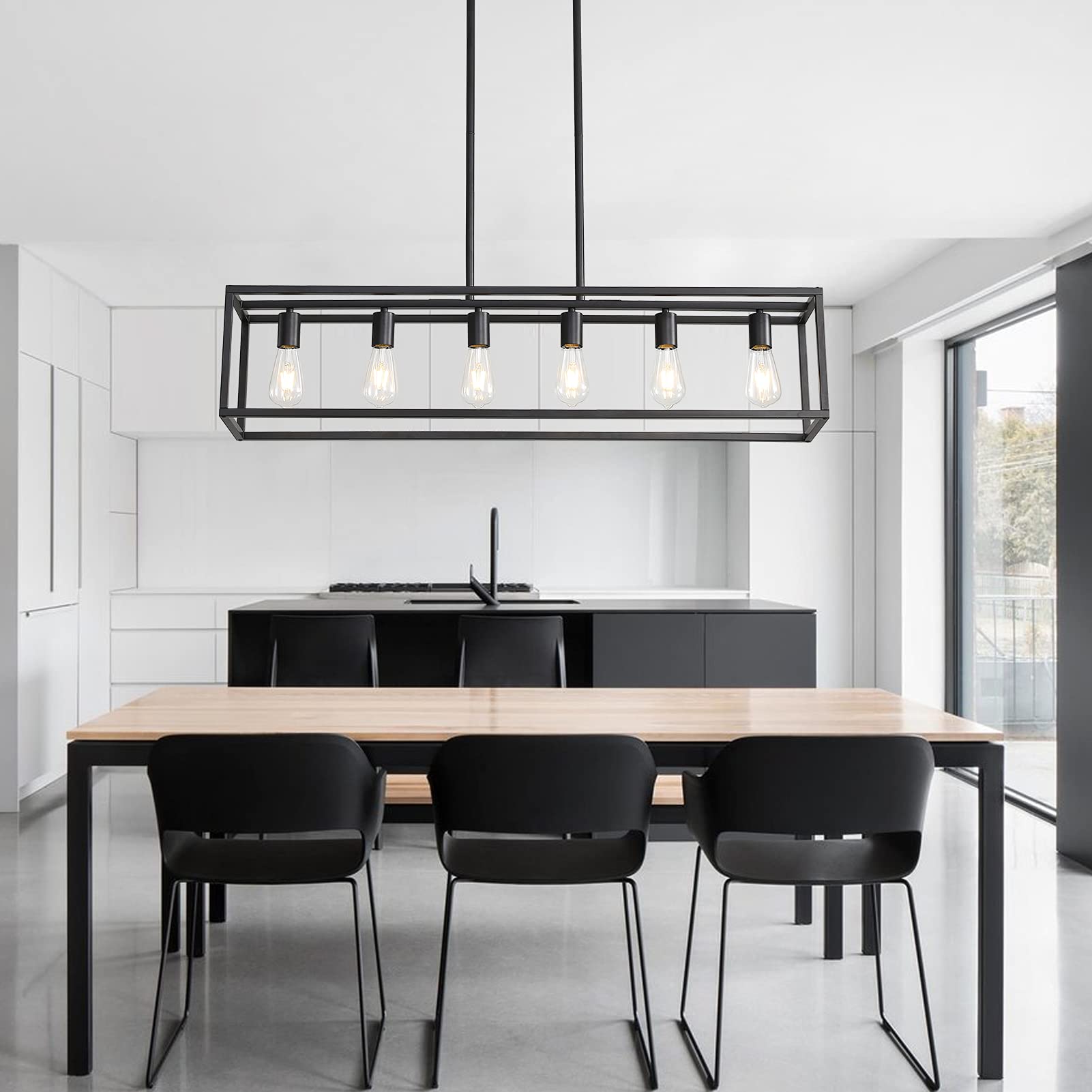 Black Farmhouse Kitchen Island Lighting, Modern Industrial Chandelier, 6-Light Linear Rectangular Pendant Light Fixtures For Farmhouse Kitchen Dining Room Bar Foyer(Metal, Height Adjustable)