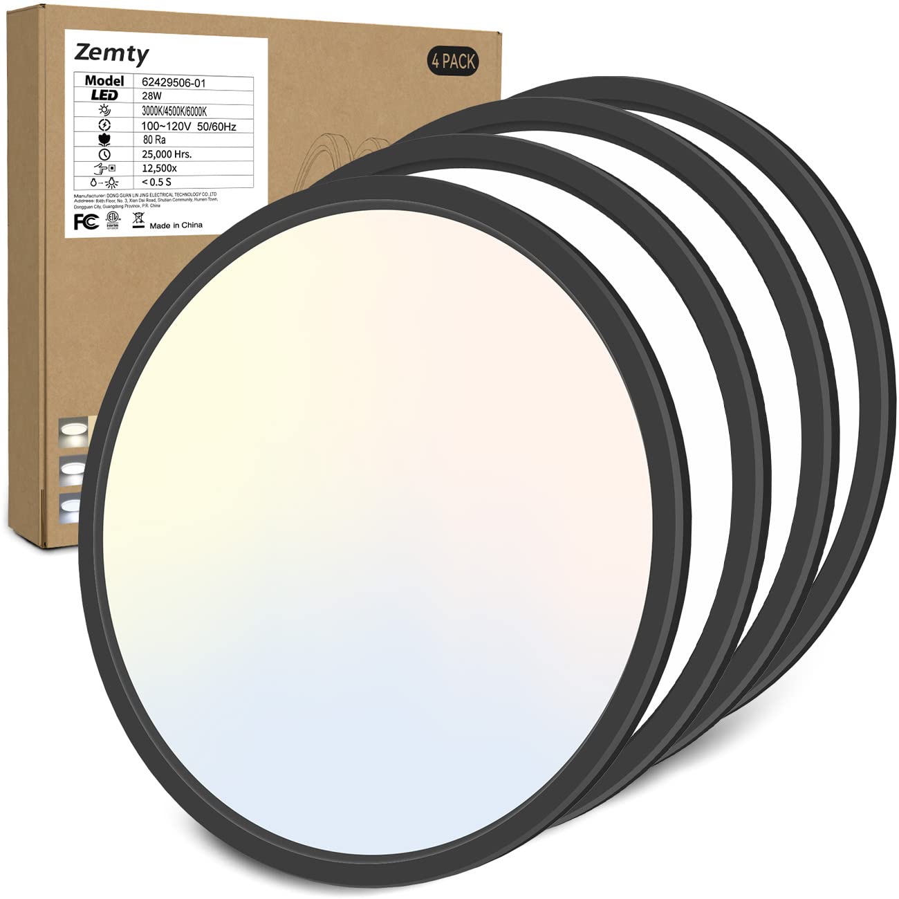 zemty 4Pack 12 Inch LED Ceiling Light Flush Mount, 28W 3200lm Super Slim Flush Mount Ceiling Light Fixtures, 3000K/4500K/6000K S