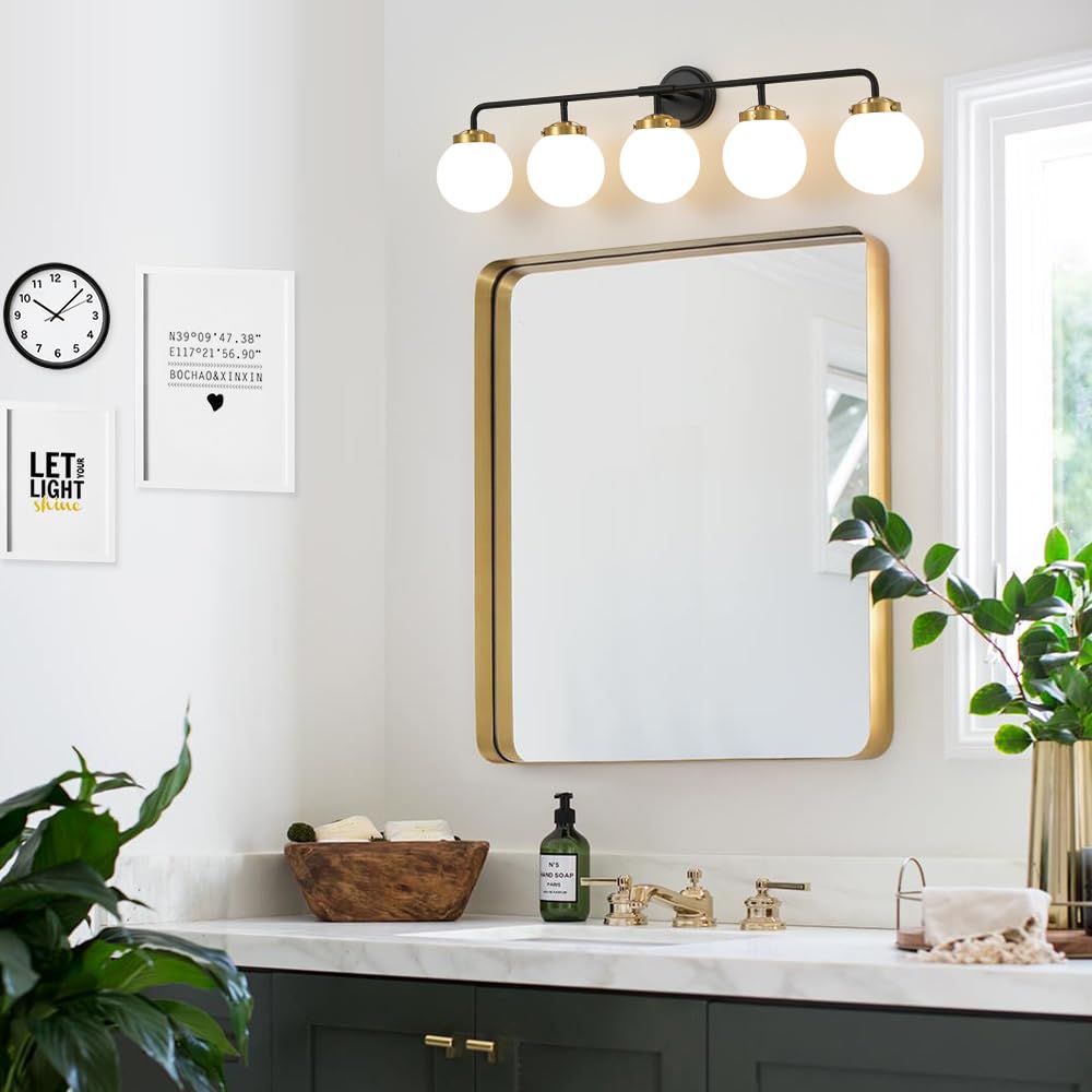 Deyidn Black Gold Bathroom Light Fixtures Over Mirror, Modern Vanity Lighting With Milk White Glass Globe Shades 5-Light Farmhou