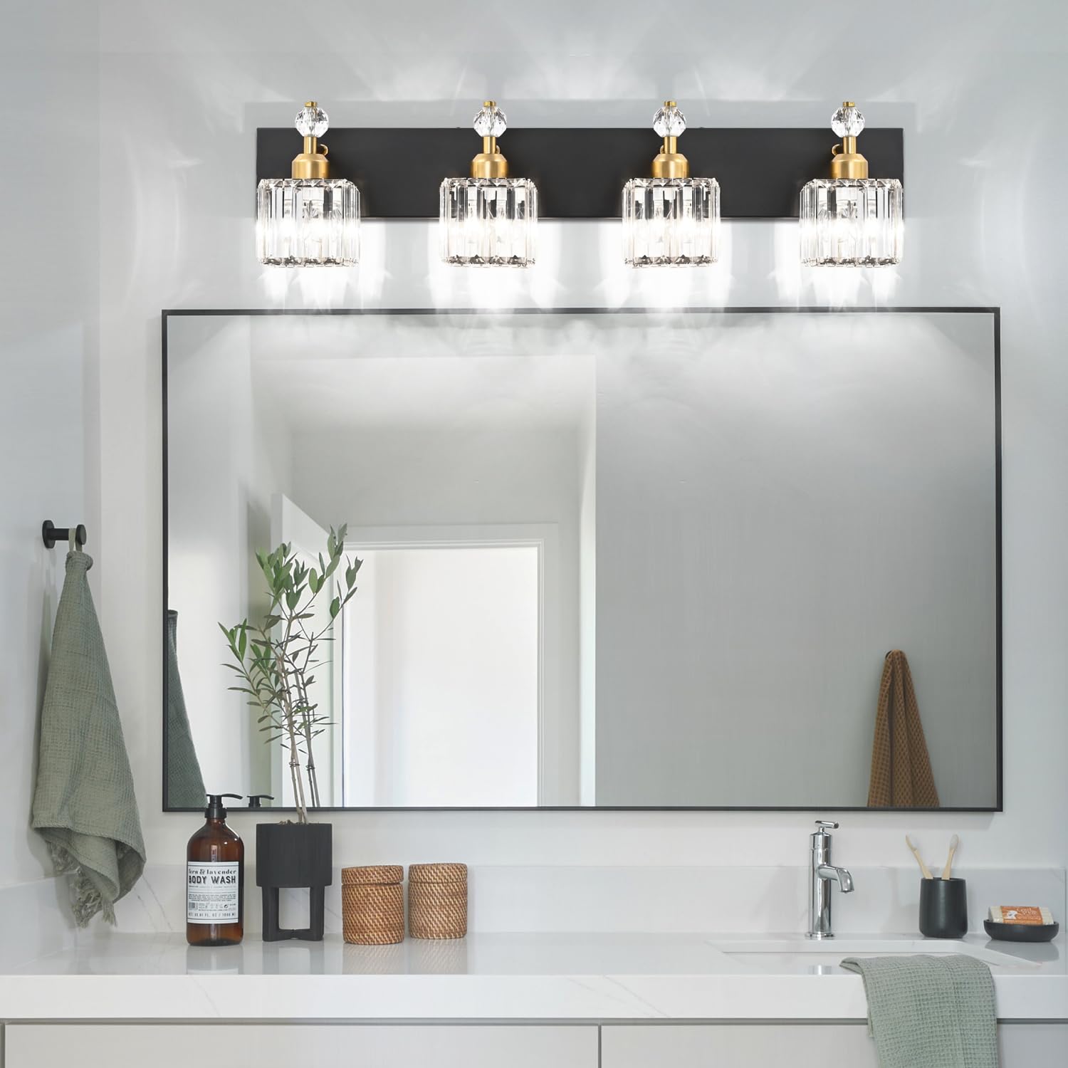PRESDE Crystal Vanity Light 4 Lights Modern Stainless Steel Black+Gold Square Bathroom Fixture