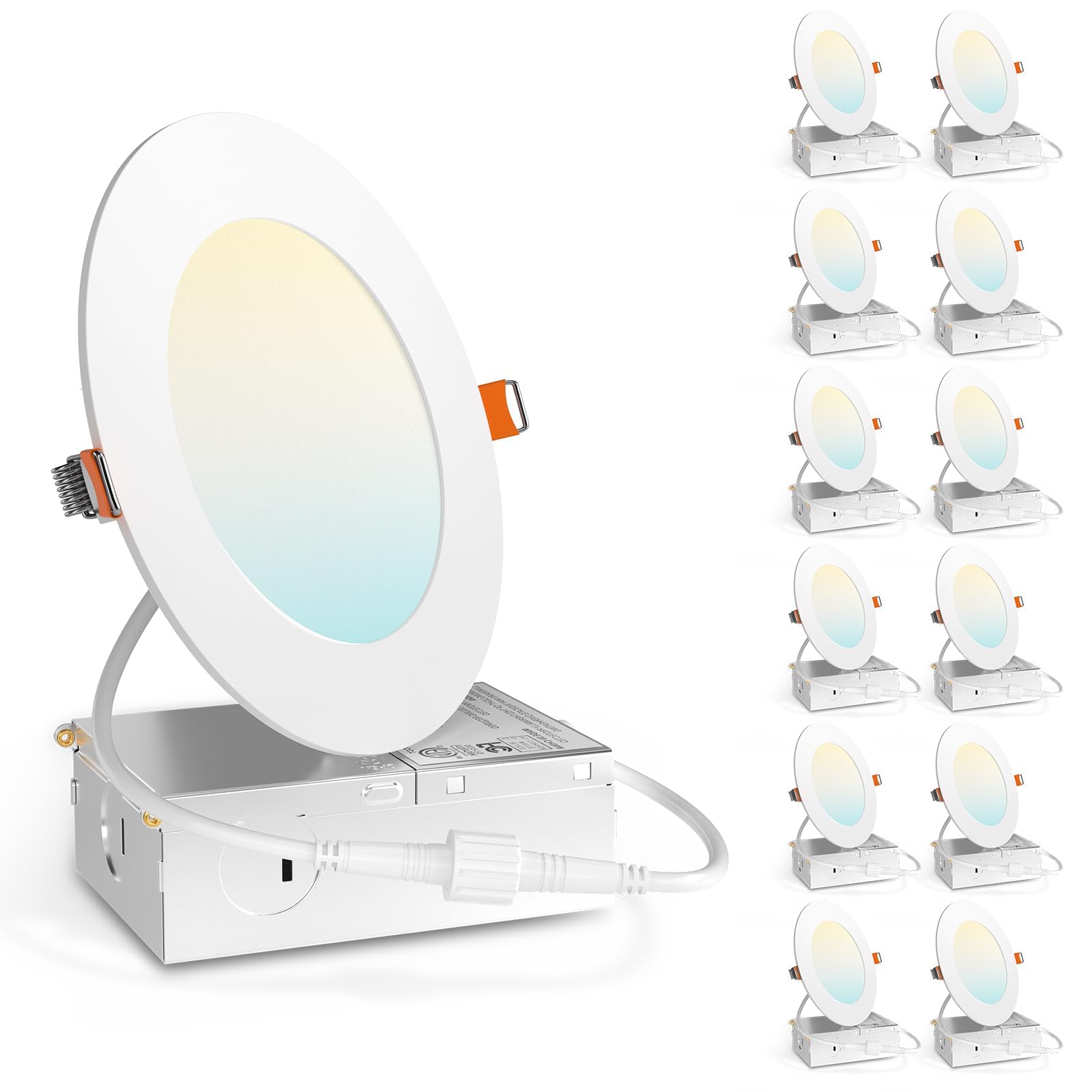 Amico 12 Pack 4 Inch 5CCT Ultra-Thin LED Recessed Dimmable Ceiling Light with Junction Box, 2700K/3000K/3500K/4000K/5000K Select