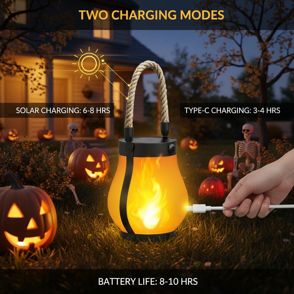 Lysliv Solar Lanterns - Waterproof USB Rechargeable with 3D Flickering Flame, Boho Design, 2 Pcs, Flame Color, Model Flame-01