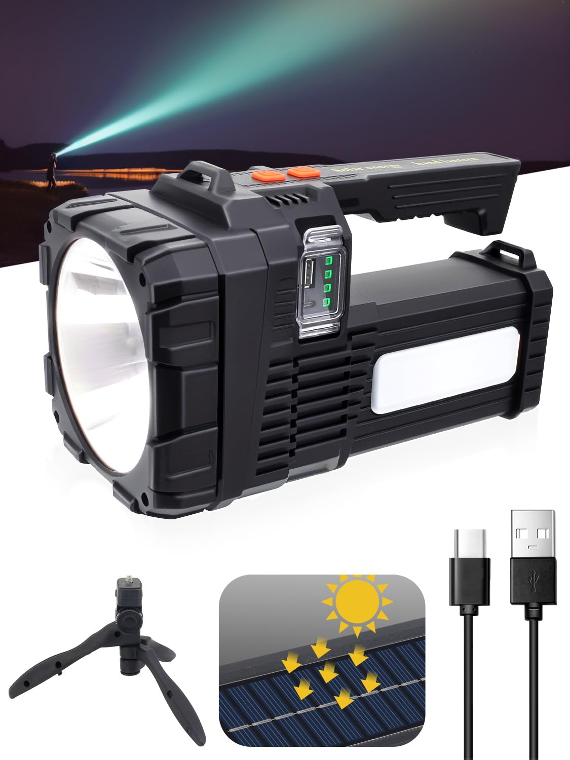 JSKNB 1000000 Lumens Spotlight, Rechargeable Led Spotlight Flashlight, Super Bright Spot Lights Outdoor Handheld, Waterproof Solar Flashlight for Emergencies, XXXX-Large