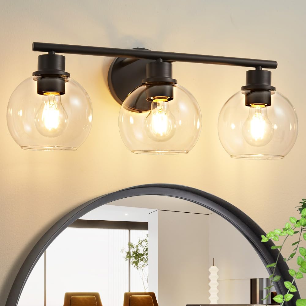 Lanmate Bathroom Vanity Light Fixture, 3-Light, Clear Glass Shade, Modern Black, 22 inch, Model L1746