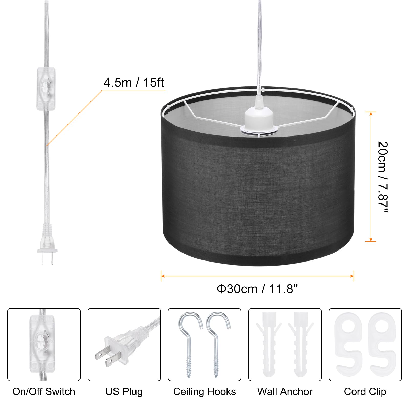 Patikil Plug In Pendant Light, 15Ft Rope Cord Hanging Lamp Fixture With On/Off Switch, Fabric Shade E26/E27 Bulb Socket For Bedr