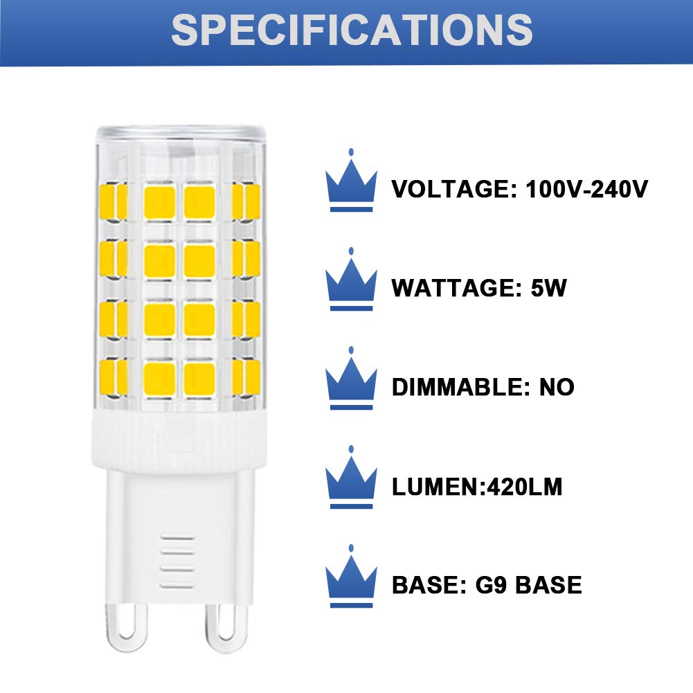 SumVibe G9 LED Bulb 5W, 420LM, Daylight White 6000K, G9 Base, Non-Dimmable, 6-Pack