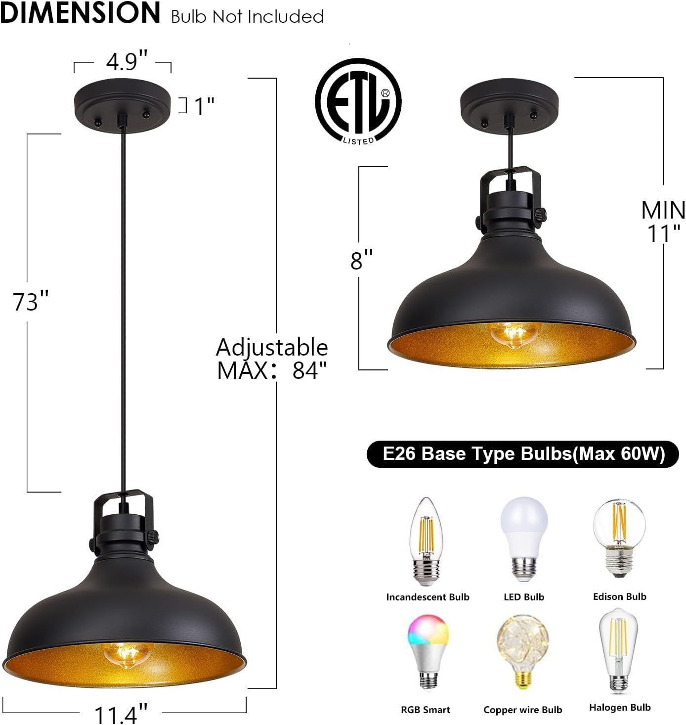 Alaislyc Black Farmhouse Pendant Lights, Vintage Dome Hanging Fixtures, 2 Packs For Kitchen Island