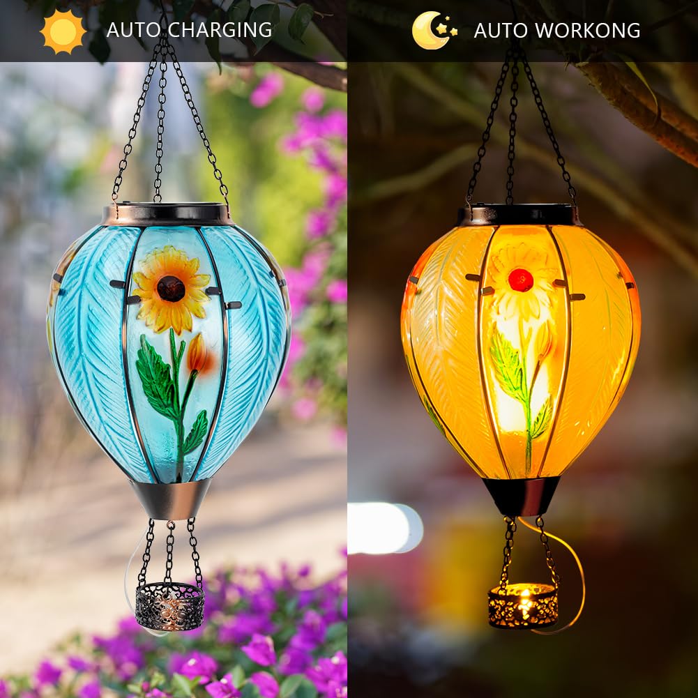 Starsoul Large Solar Hot Air Balloon Lantern With Flame Sunflower Glass Hanging Outdoor Hot Air Balloon Solar Light Waterproof G