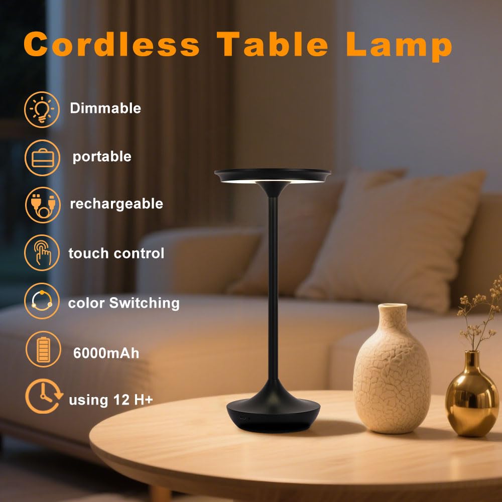 2 Pack Led Rechargeable Cordless Table Lamps Portable Outdoor 6000 Mah Battery Operated Table Light Touch Control 3 Color Dimmable Waterproof For Patio/Cofee/Restaurant/Camping/Dining/ Bedroom-Black