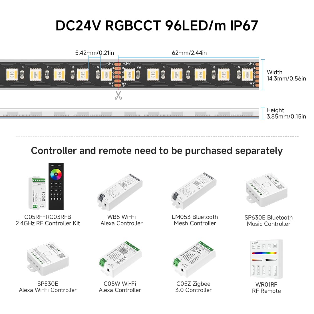 BTF-LIGHTING RGBCCT LED Tape Lights, 5050SMD, 16.4ft, 480LED, IP67, Black PCB, DC24V, Dimmable