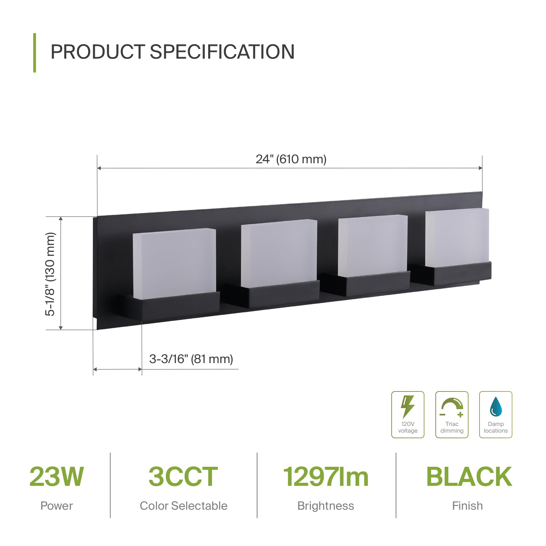 ASD LED Bathroom Vanity Light Fixture, 4-Lights 23W 1300LM, Dimmable, ETL Listed, Black, 2 Pack, Model A-LVF24M-