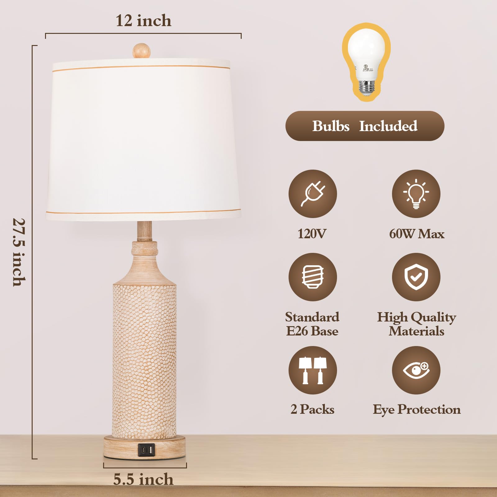 AIDENOEY 3-Way Dimmable Touch Control Table Lamp Set of 2, 27.5" Vintage Washed White Resin, USB A+C Ports, Medium Size for Home