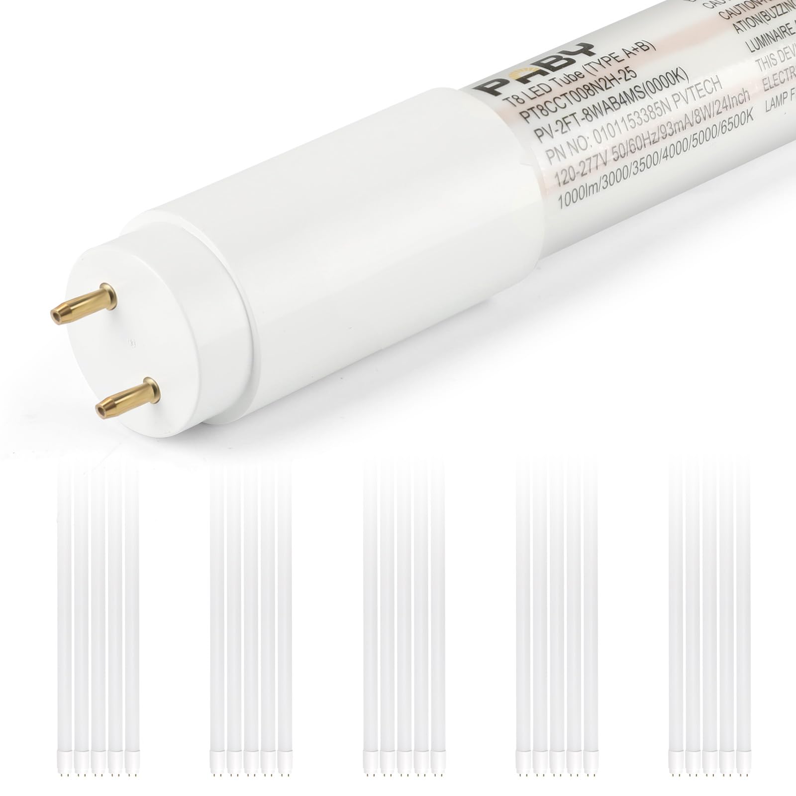 Paby 25 Pack 2FT T8 LED Type A+B Tube Light, 8W(15W Equivalent) 1000LM, 4000K, Plug & Play or Ballast Bypass, Single or Double E