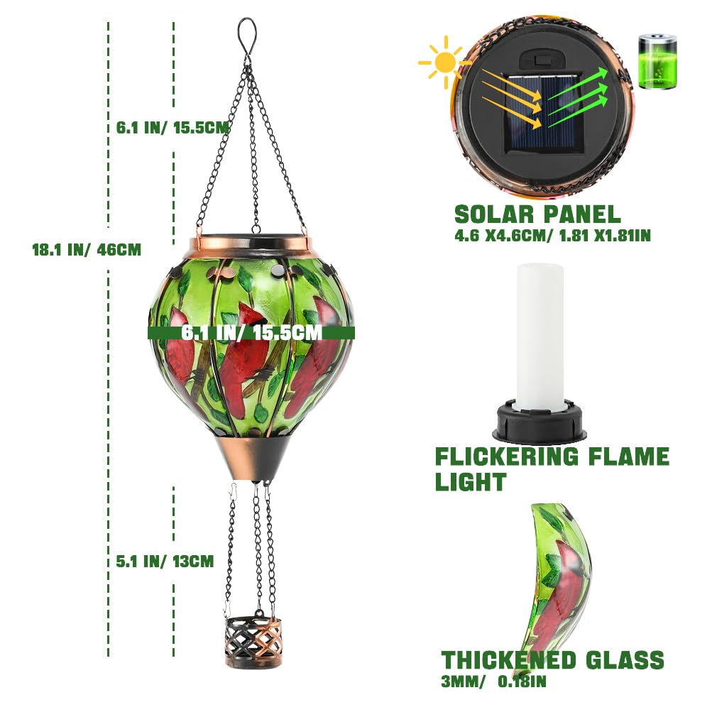 Hot Air Balloon Solar Lantern - Cardinal Bird Glass Lantern  Simulated Flickering & Dancing Flame  Outdoor Hanging Yard Light Waterproof Ip65 For Patio Lawn Porch Decor Gift