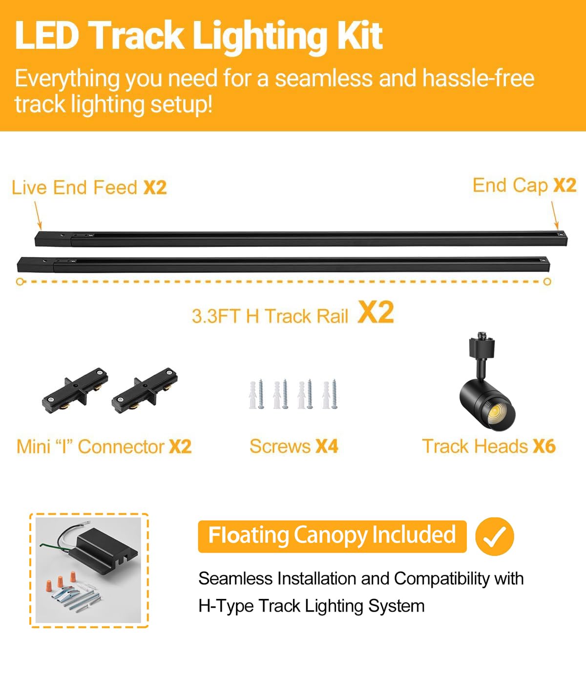 Tuyubee 5 Color Zoomable 6-Light Led Track Lighting Kit With 6.6Ft H Track Lighting Rail & Floating Canopy Connector, Modern Kit