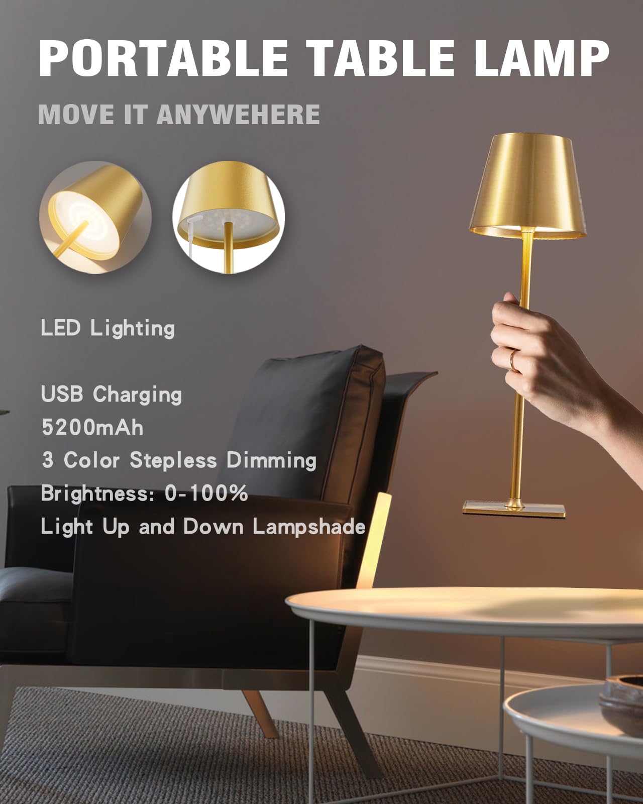Nerefou 2 Pack Cordless Table Lamp, 5200Mah Battery Operated Lamp,3 Color Stepless Dimming Desk Lamp,Ip54 Waterproof Outdoor Tab