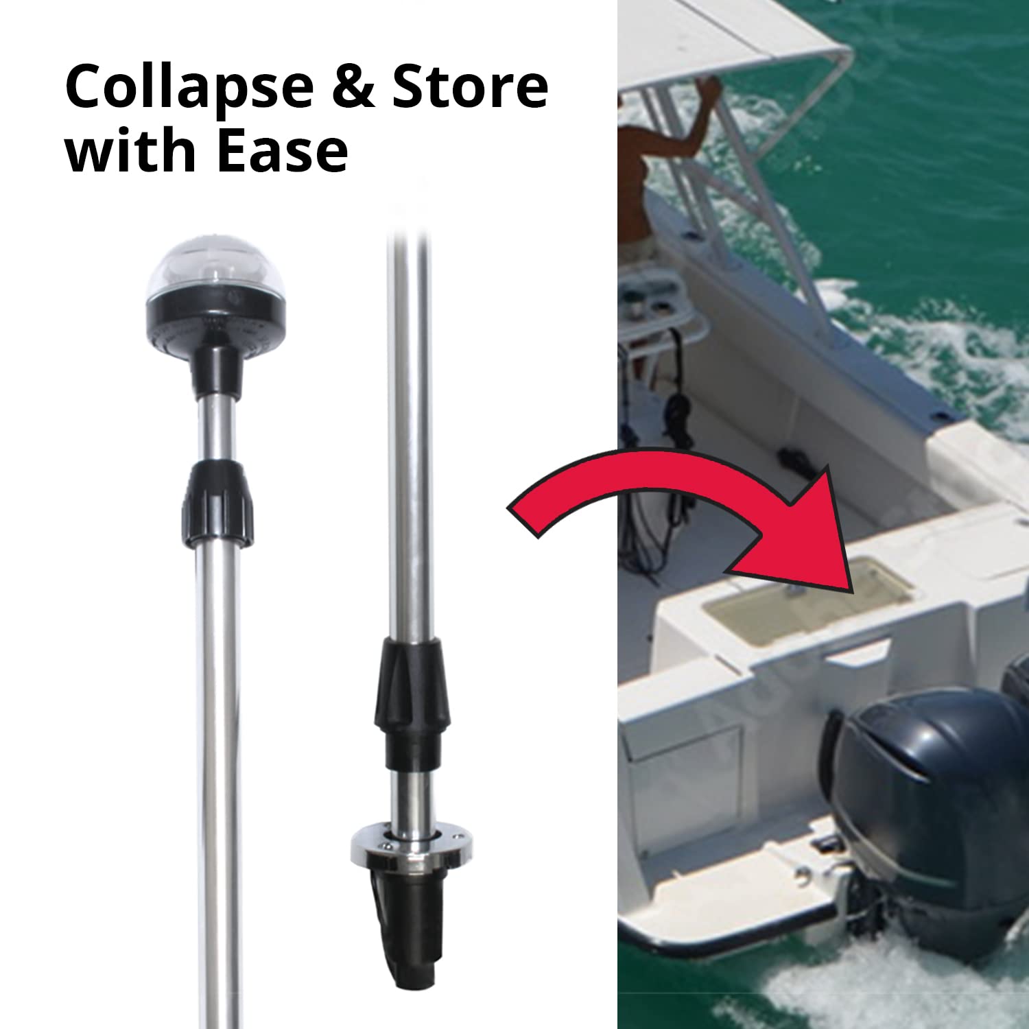 Seasense 26”- 48” Telescoping All-Round Stern Light - - 2 Nautical Mile Range - Adjustable, Stowable Chrome Light For Boats, Kayaks, Canoes & Pontoons Up To 39 Feet - Meets Uscg Requirements