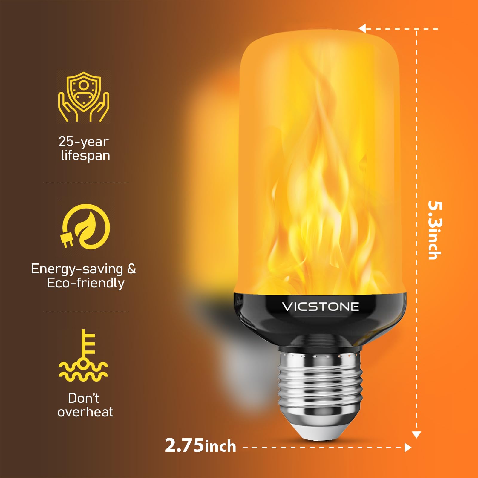 Vicstone LED Flame Light Bulbs, 4-Mode Flickering Effect, E26, 2 Pack, Plastic