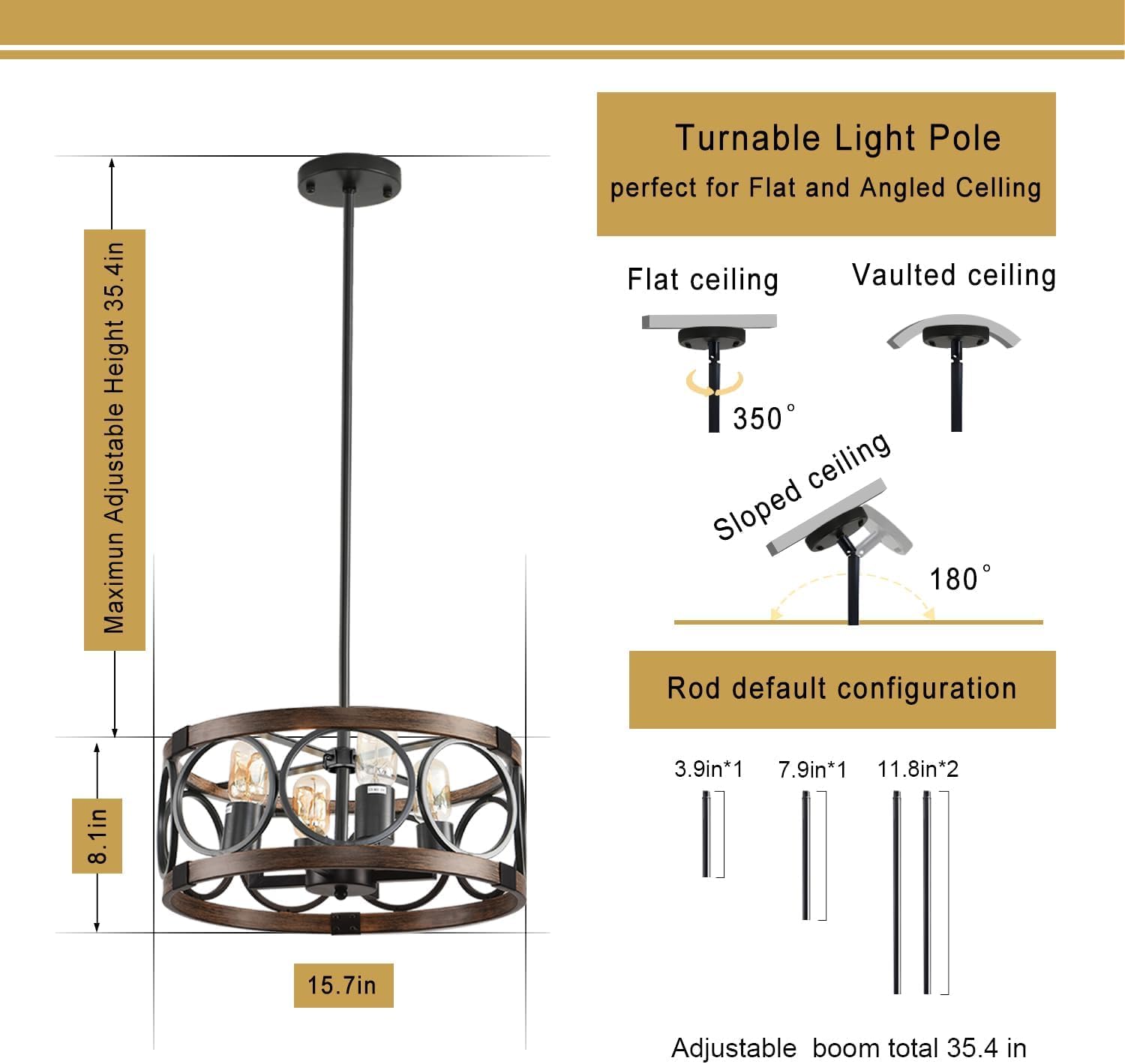 SHIANDAR 4-Light Semi Flush Mount Ceiling Light Fixture - Black Metal Rustic Chandelier for Dining Room, Adjustable Height, Model TYdk-mw All240206