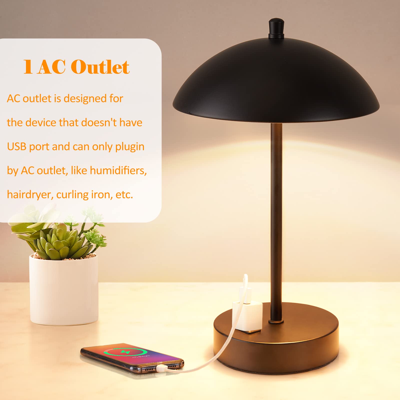 Modern Led Desk Lamp With Ac Adapter, 12'' 3-Way Dimmable Touch Bedside Reading Lamp, Minimalist Black Small Nightstand Table La