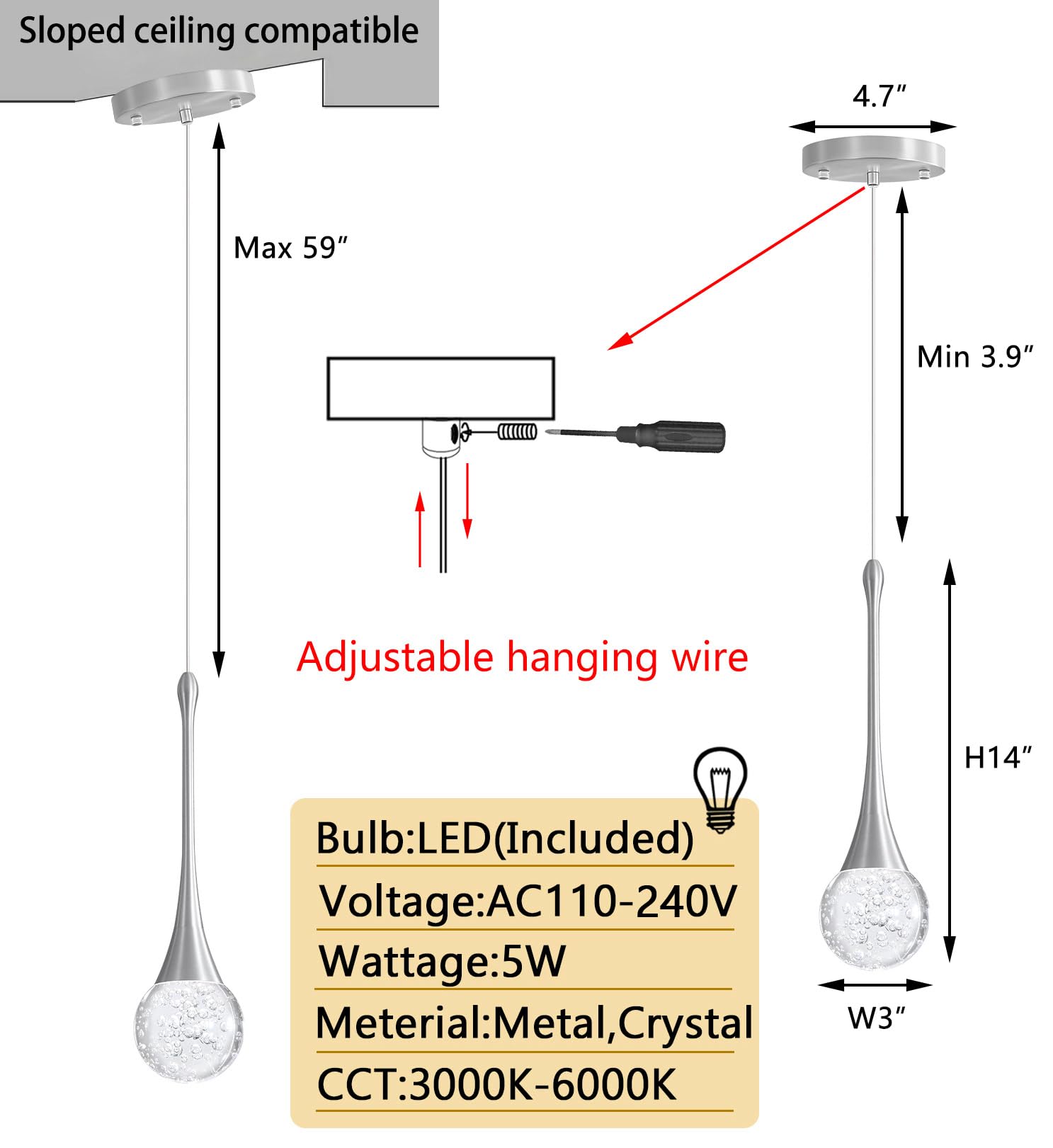 cenozo Modern Pendant Light - LED Dimmable Crystal Ceiling Lamp, 1 Light Round, Brushed Nickel, Ideal for Kitchen, Dining Room, Bedroom