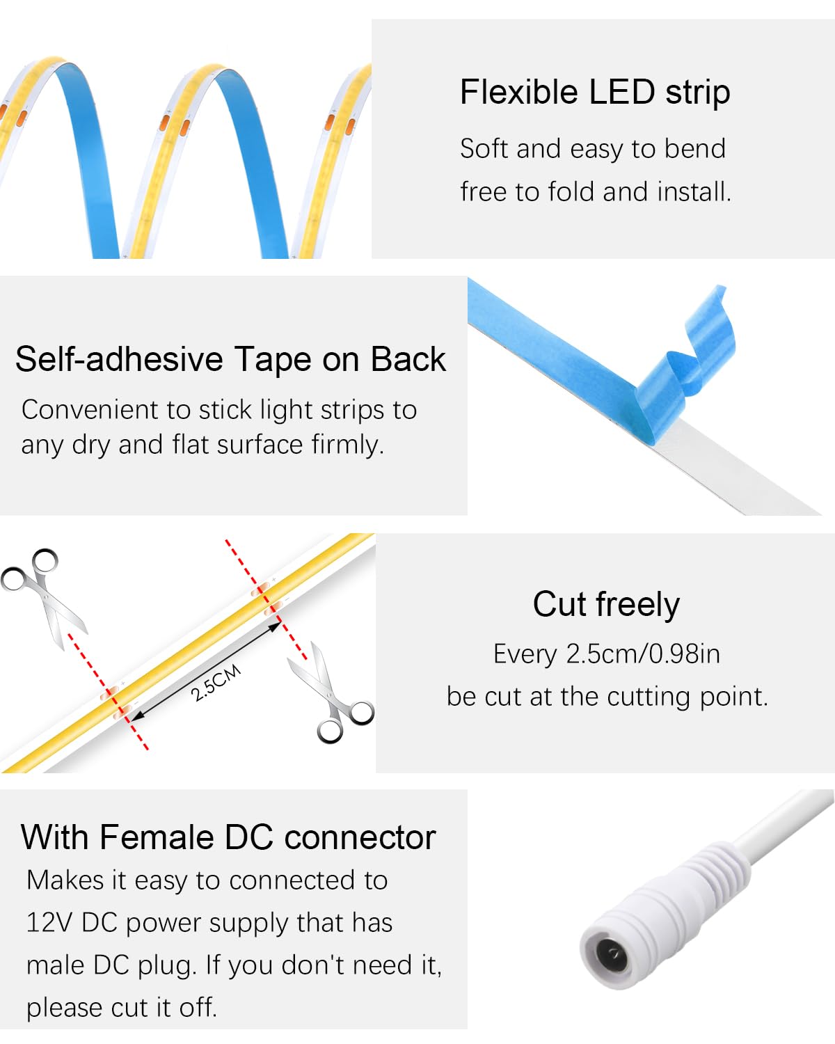 Alitove 16.4Ft Cob Warm White Led Strip Lights 12V 8Mm 1600 Leds High Density Led Tape Light Cri>90 Uniform Glow Diffused Cob Le