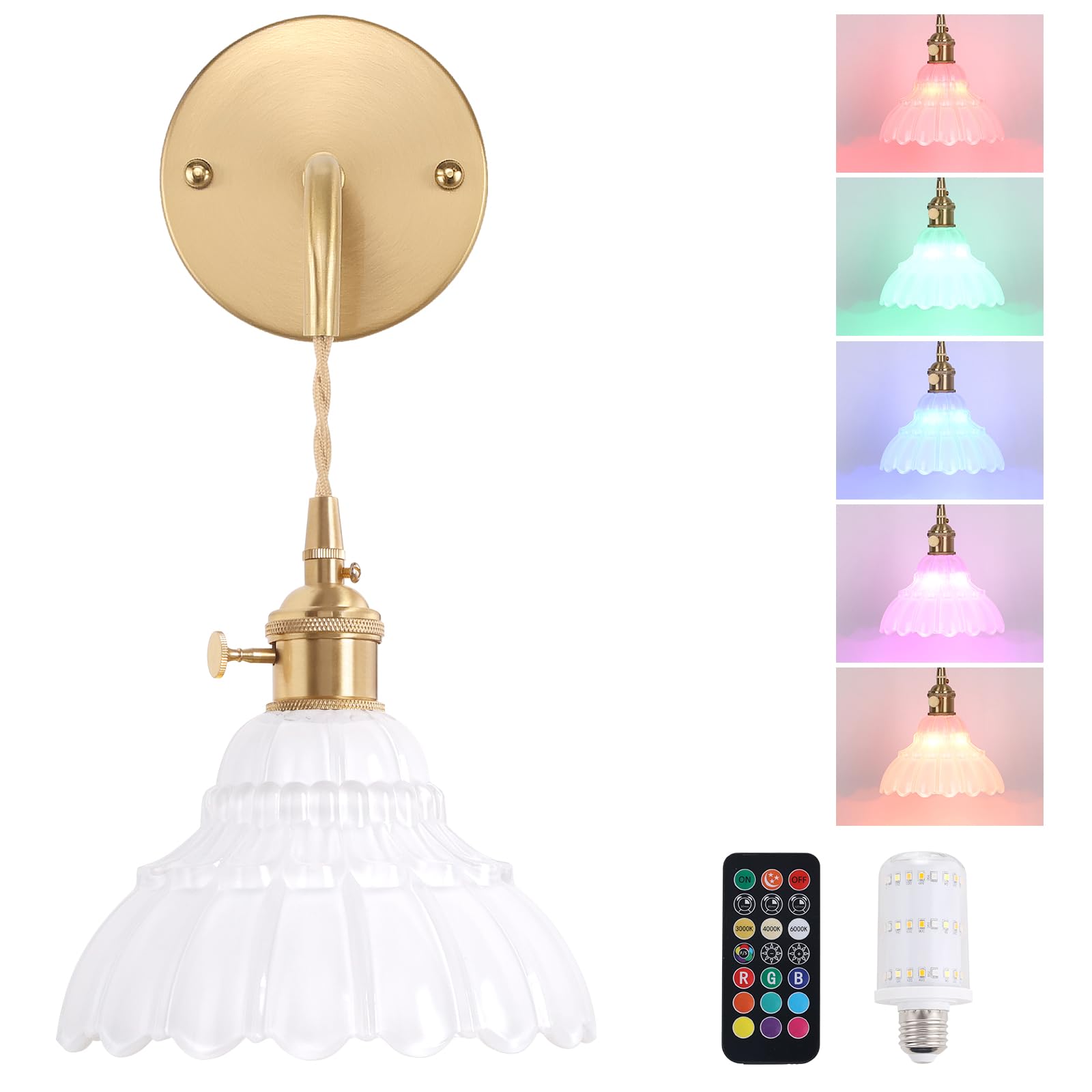 Shenmoyl Battery Operated Wall Sconce with White Lily of The Valley Shade Glass Adjustable Chain Retro Wall Light  Modern Wall Lamp Fixtures Decor for Bedside Bedroom Indoor Doorway