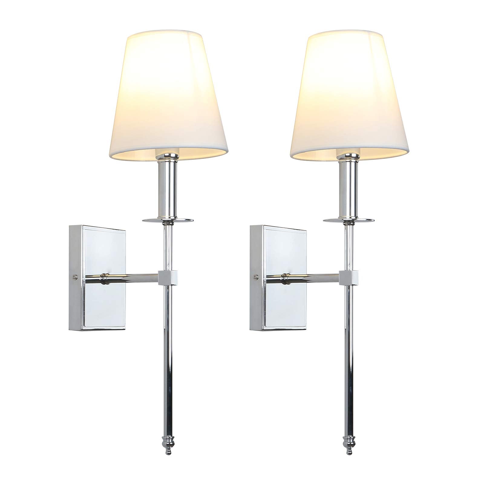 Permo Set Of 2 Classic Rustic Industrial Wall Sconce Lighting Fixture With Flared White Textile Lamp Shade And Chrome Tapered Co