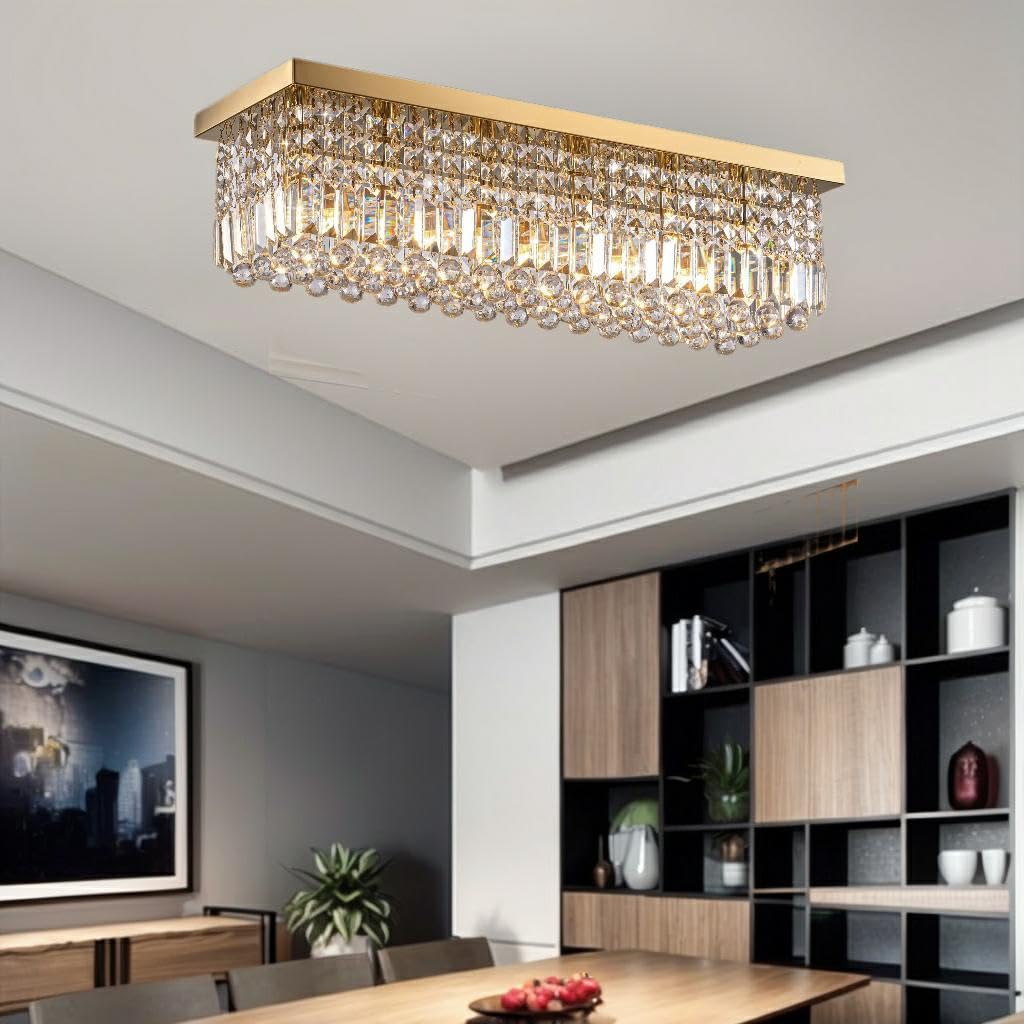 Tinkoso Crystal Chandeliers,6-Lights Gold Rectangular Chandelier,Crystals Pendant Light Fixture For Dining Living Room Kitchen D