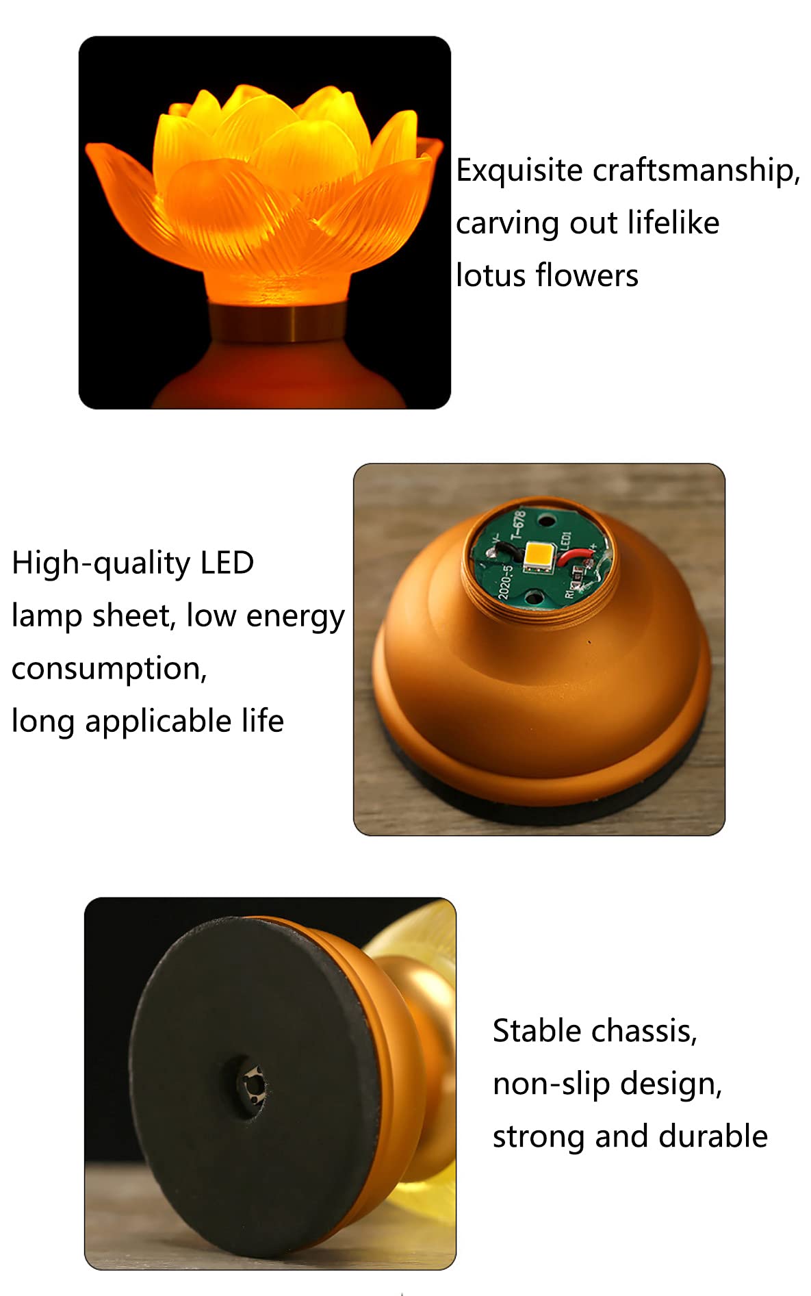 Omeet LED Glazed Lotus Buddhist Lamp - USB Rechargeable, 3.5 inches, Copper Gold - Temple Decoration & Faith Supplies