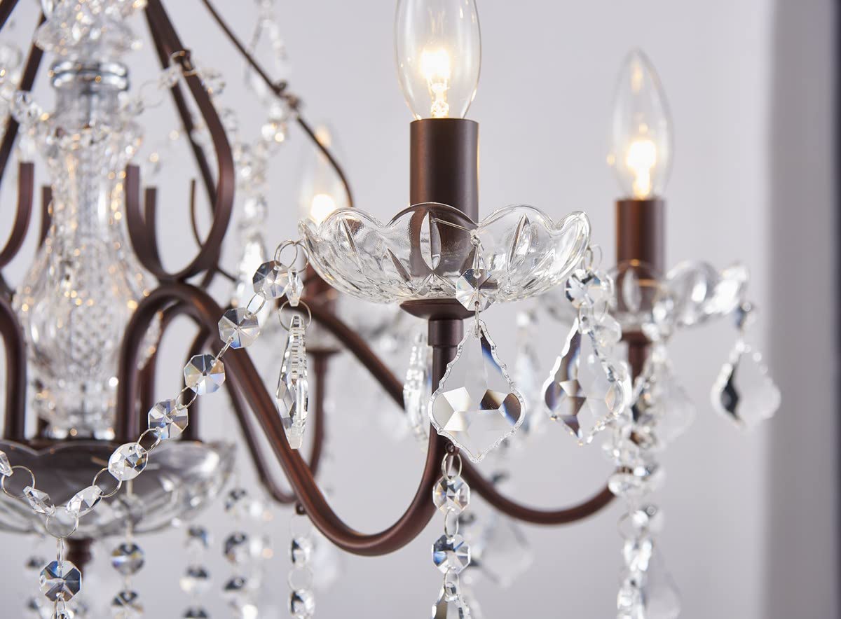 SM Saint Mossi 6-Light Crystal Chandelier, Modern Raindrop Design, Dark Brown, H23 x D24, Crystal Lighting for Dining Room, Bedroom, Living Room