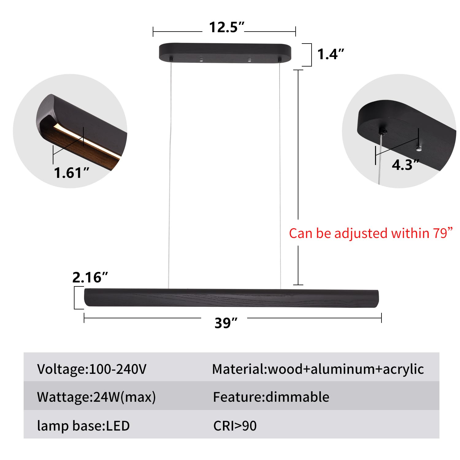 YISDESIGN 39" Dimmable Wood LED Pendant Light, Black Finish, Modern Island Lighting for Kitchen & Dining Room, Model 2260-2025