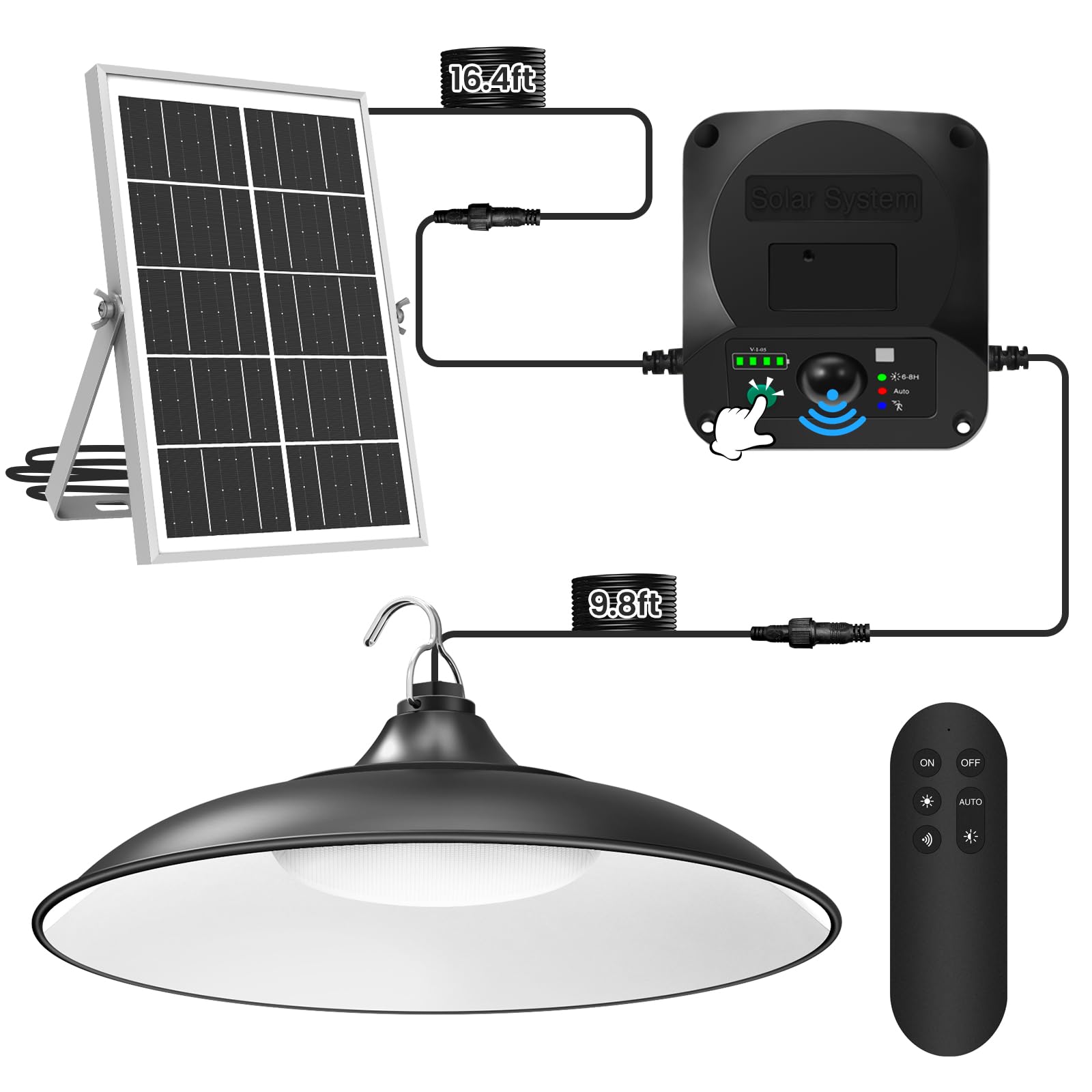 Solar Shed Lights Indoor Outdoor, 3200LM Motion Sensor Pendant Light Daytime Available with Remote & Button Control, IP65 Waterp