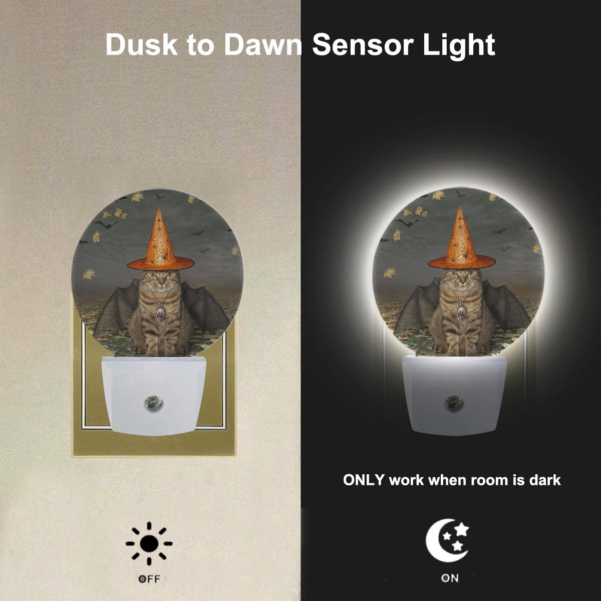 Ekobla Halloween Bats Cat Led Night Light Autumn Maple Leaves Dusk To Dawn Night Lamp Auto Sensor For Home Indoor Bathroom Hallway Kitchen