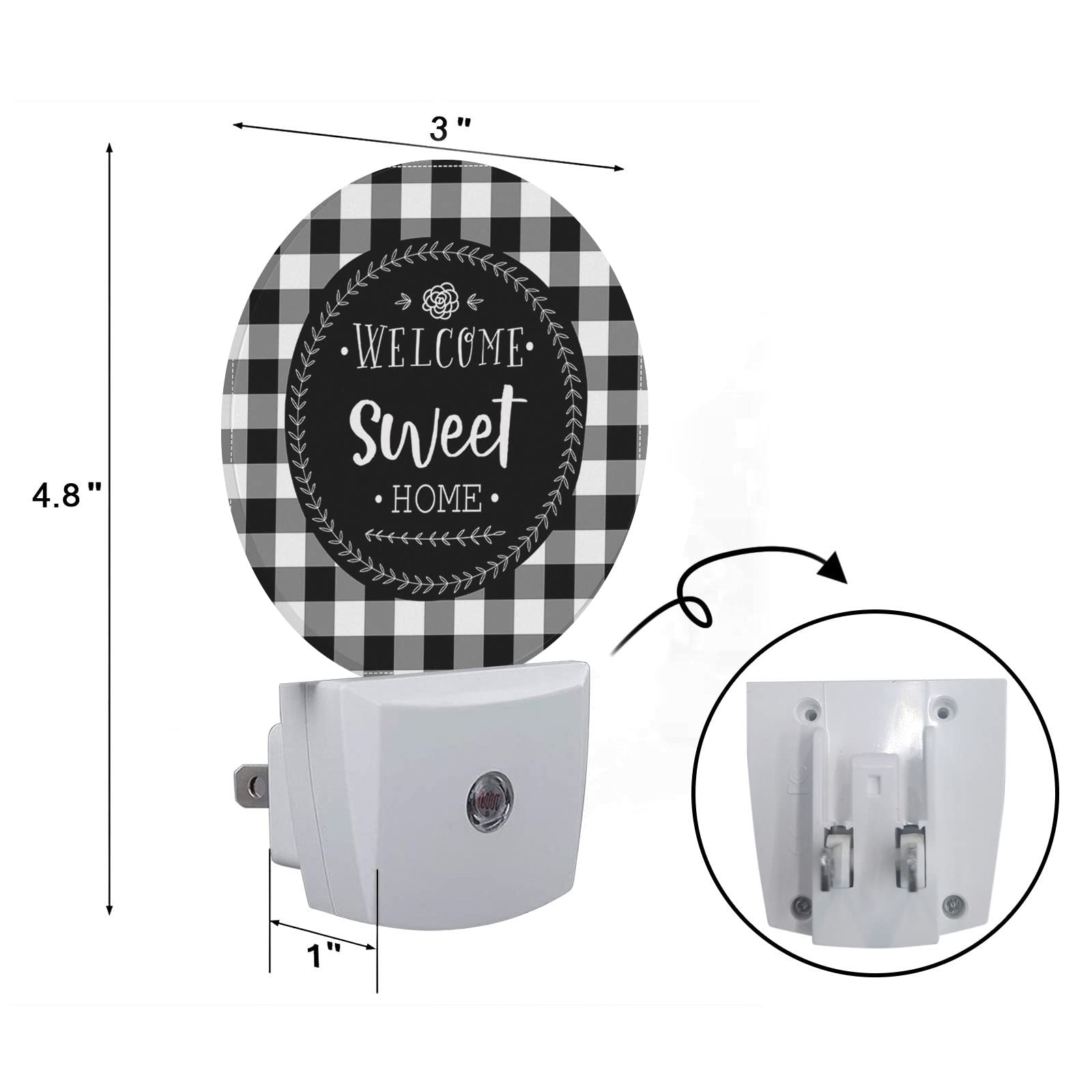 Axayaz Welcome Sweet Home Plug In Night Light Black White Checkered Plaid Buffalo Auto Led Lamp Energy Saving Round Lights For Boys Girls Men Women