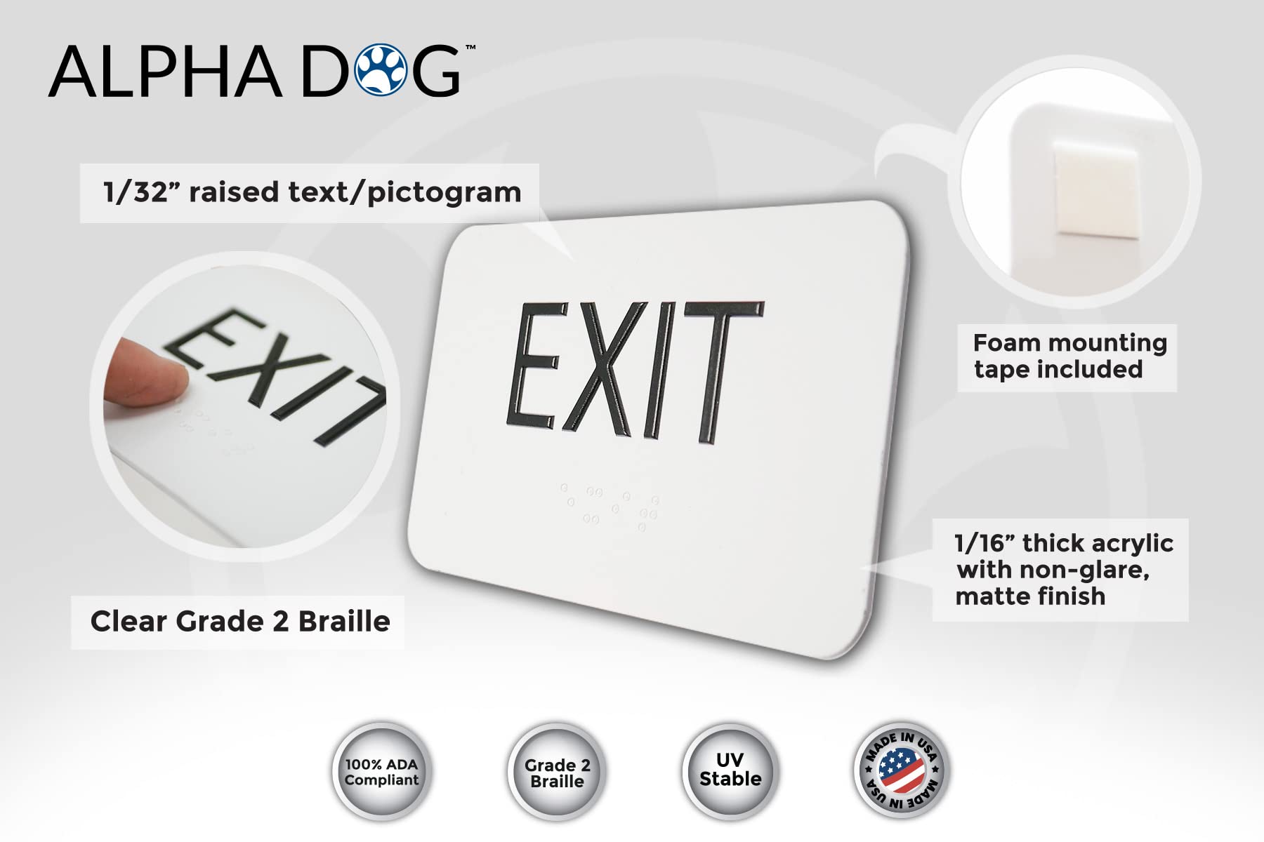 Alpha Dog Ada Signs Braille Exit Sign 3X5 Inch Ada Compliant Indoor Outdoor Business Easy Install Usa Made (White)