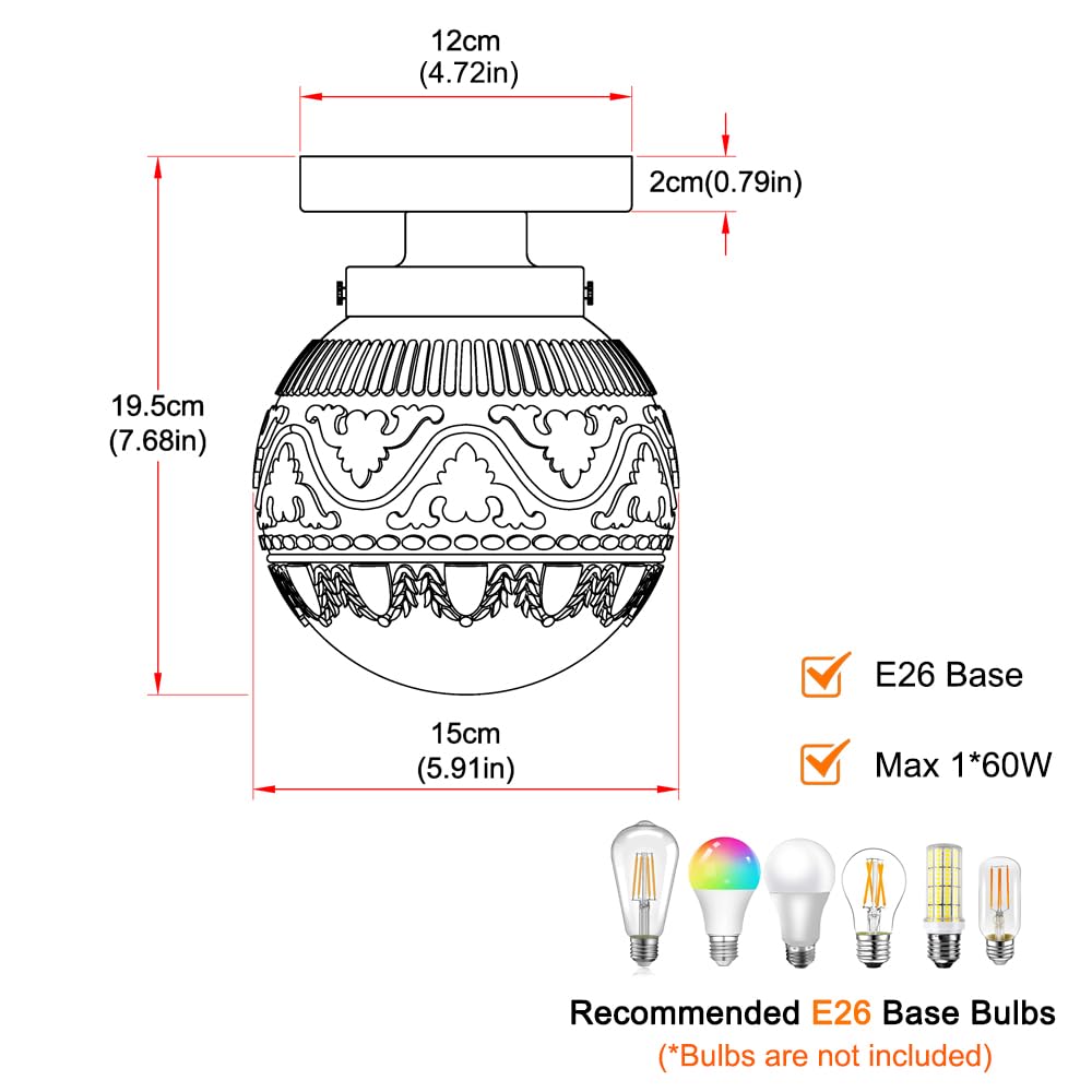 Daunton Semi Flush Mount Ceiling Light Fixtures, Vintage Globe Glass Ceiling Light Fixture, Antique Small Black Hallway Light Fixtures For Bedroom, Closet, Entryway, Bathroom, Kitchen