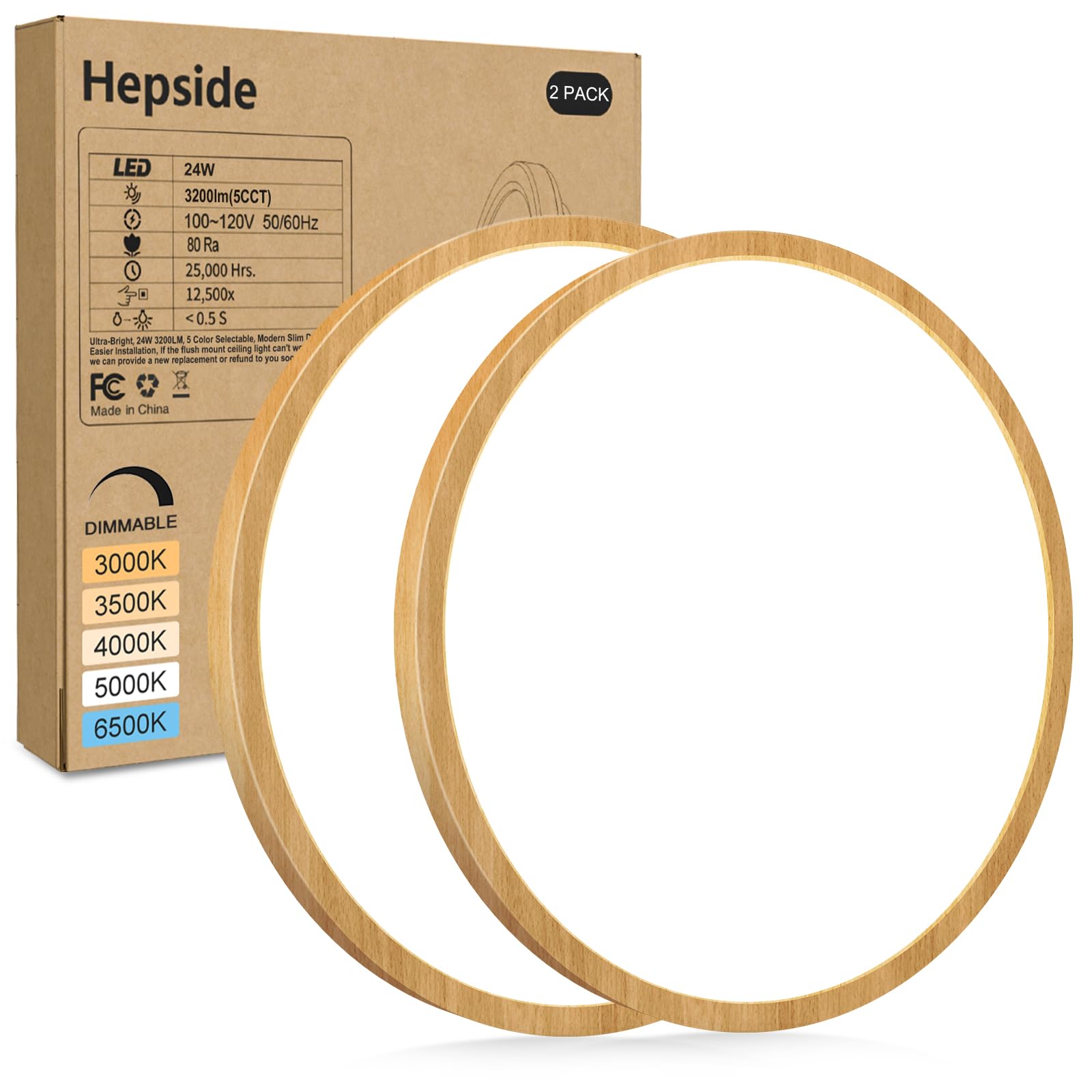hepside 2Pack LED Flush Mount Ceiling Light Fixture  12Inch 24W  Dimmable&3000K/3500K/4000K/5000K/6500K Adjustable Low Profile Ceiling Lights  Round Flat Ceiling Light for Closet Kitchen Hallway-Wood