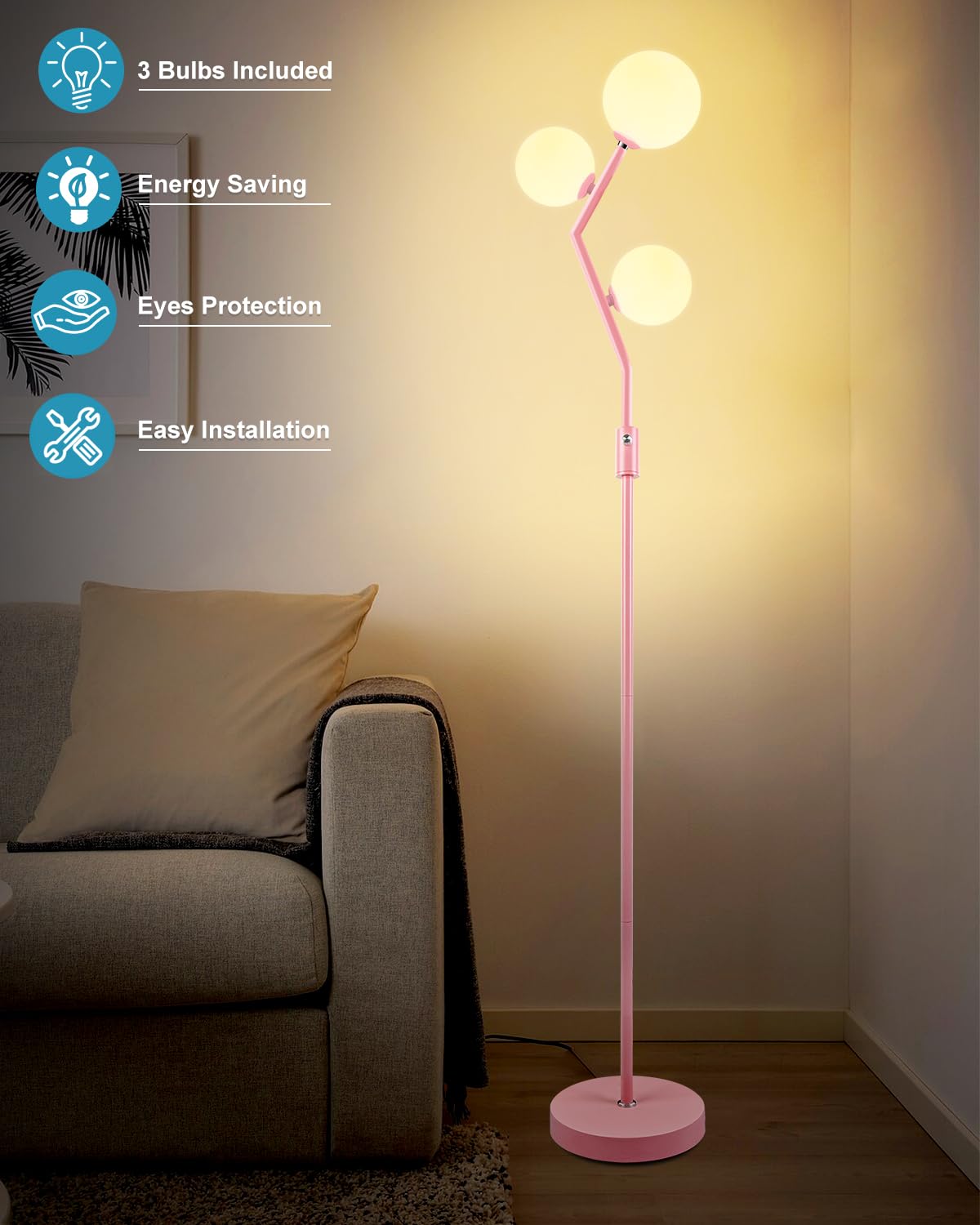 Lightdot Geometric Folding 3 Globe Tree Floor Lamp, Dimmable Pink Standing Lamps With 3Pcs 3000K G9 Bulbs, Mid Century Modern Fl