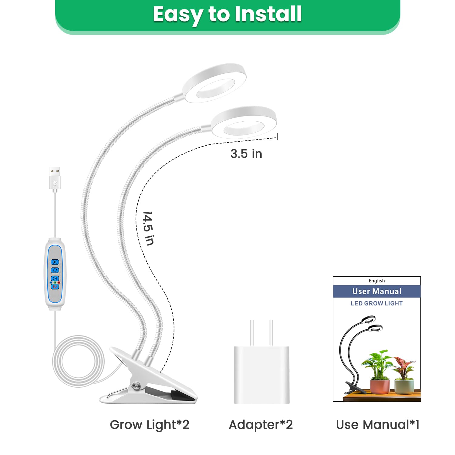 Wiaxulay Grow Light  Full Spectrum Halo Clip Plant Light  192 Leds Growing Lamp With Gooseneck  Auto Timer 6/12/16 Hrs  3 Lighting Mode  5 Brightness Levels For Seedlings Succulents  2 Pack (3.5In)