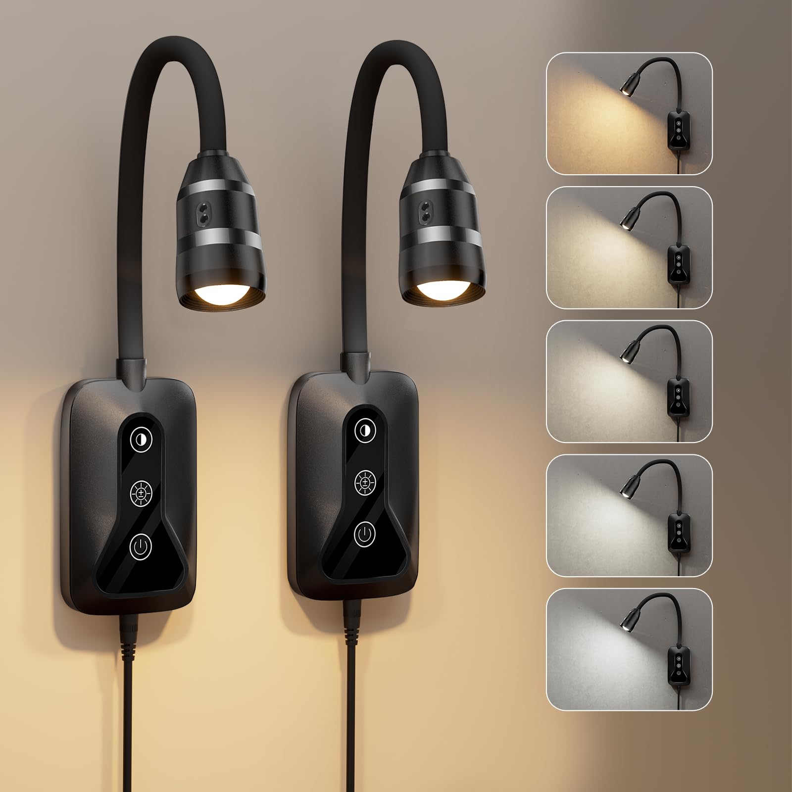 HUAEU Wall Mounted Reading Light, LED Dimmable Touch Control, Flexible Gooseneck, 2 Pack, Black, Model XCWL001