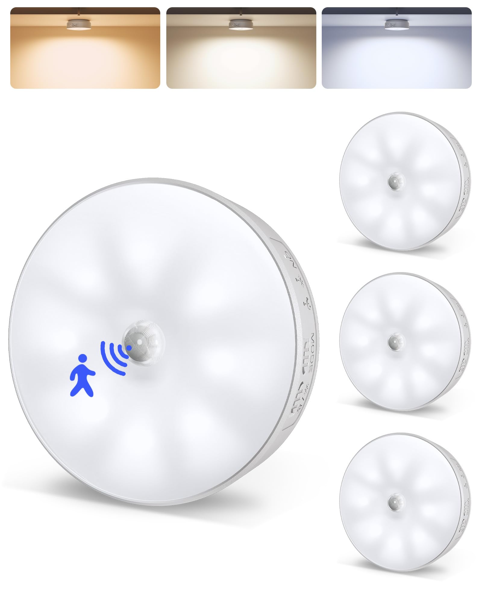 EZVALO 4 Pack Motion Sensor Closet Lights  1200mAh USB-C Rechargeable LED Puck Lights  Under Cabinet Lights  Night Lights  Dimmable  3 Color Temps  Magnetic  Stick on for Closet  Stairs  Cabinets