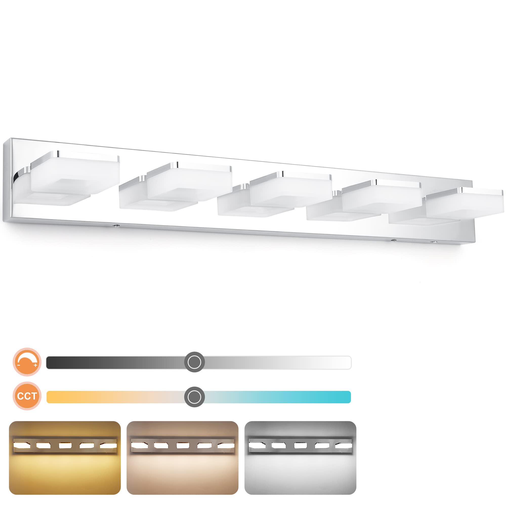 Goodate Chrome Dimmable Led Bathroom Vanity Light 5 Lights, Adjustable 3000K/4000K/6000K
