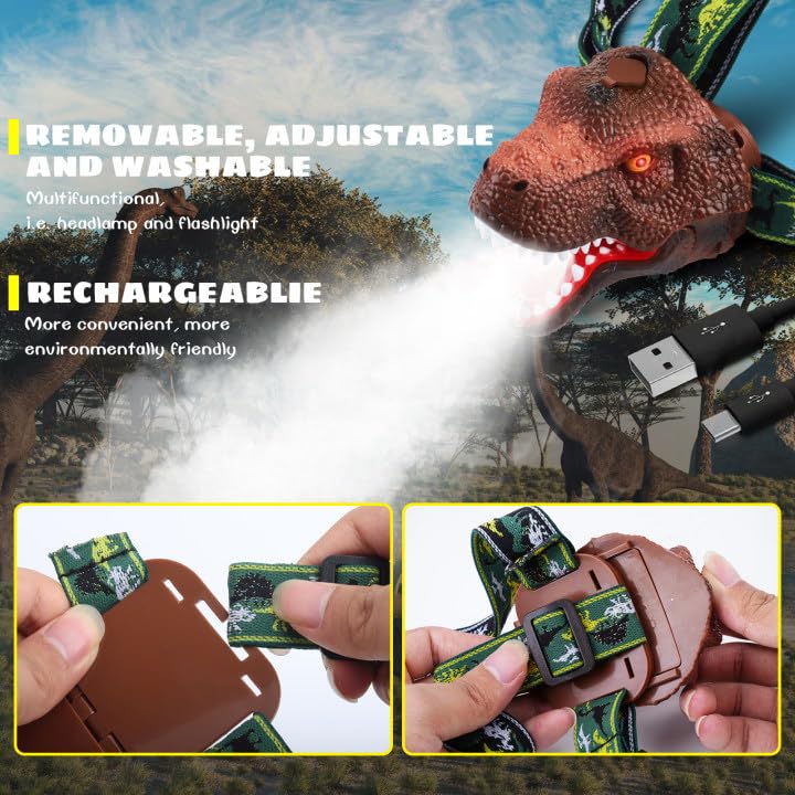 Dysaim LED Dinosaur Spray Headlamp - 2 Pack, Dark Brown, Kids Camping Gear, Ideal Gift for Birthdays, Halloween, Christmas