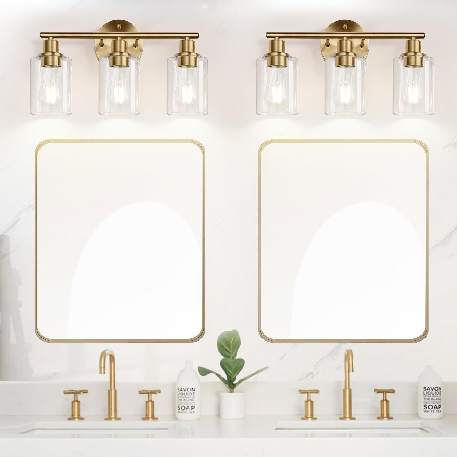 3-Light Bathroom Light Fixtures, Brushed Brass Bathroom Wall Lights With Clear Glass Shade, Modern Bathroom Wall Lamp For Mirror