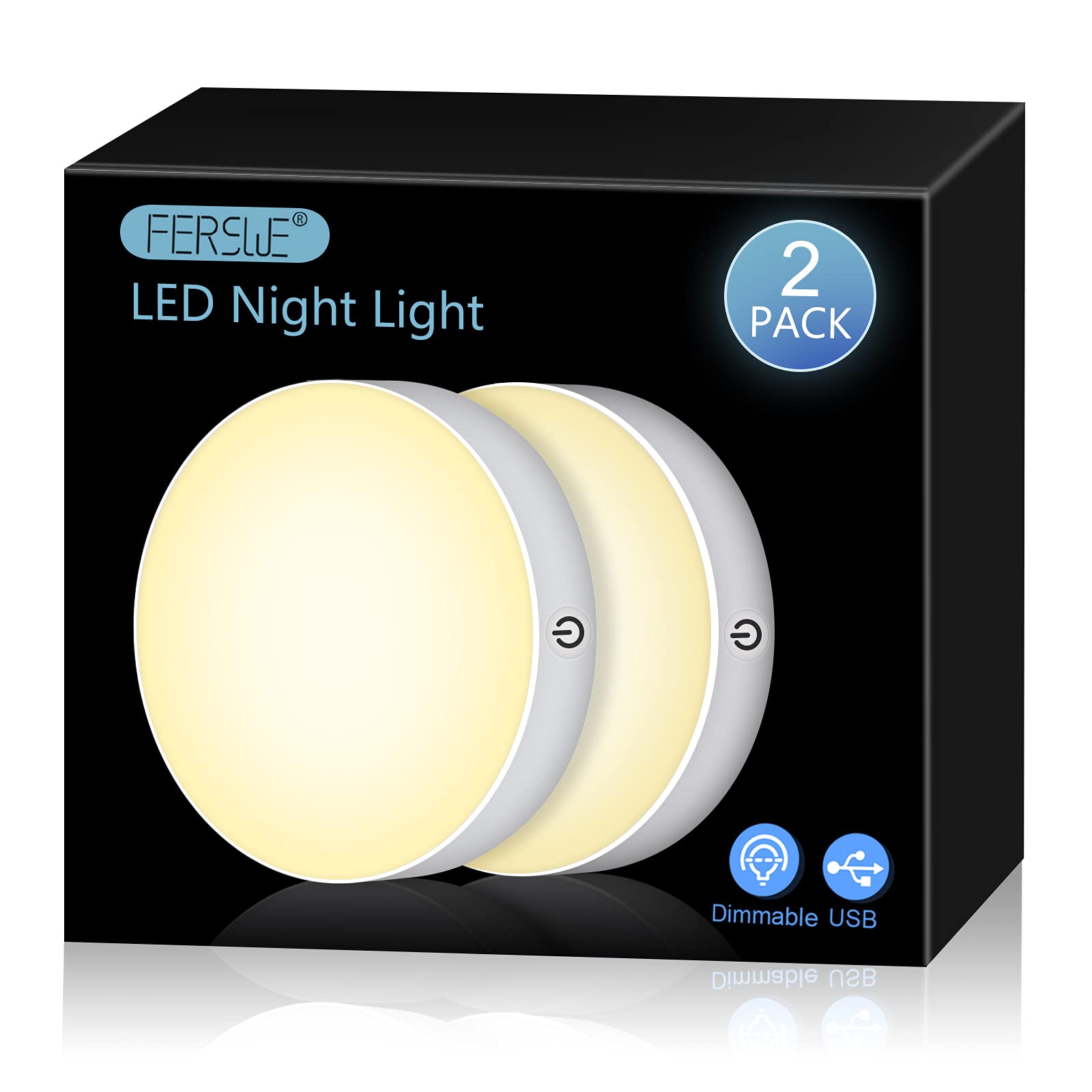 Ferswe Dimmable Touch Lights - 3000K Rechargeable, 1000mAh Battery, Stick-On Design for Closet, Cabinet, Shelf, Wall, Desk - White (2 Pack