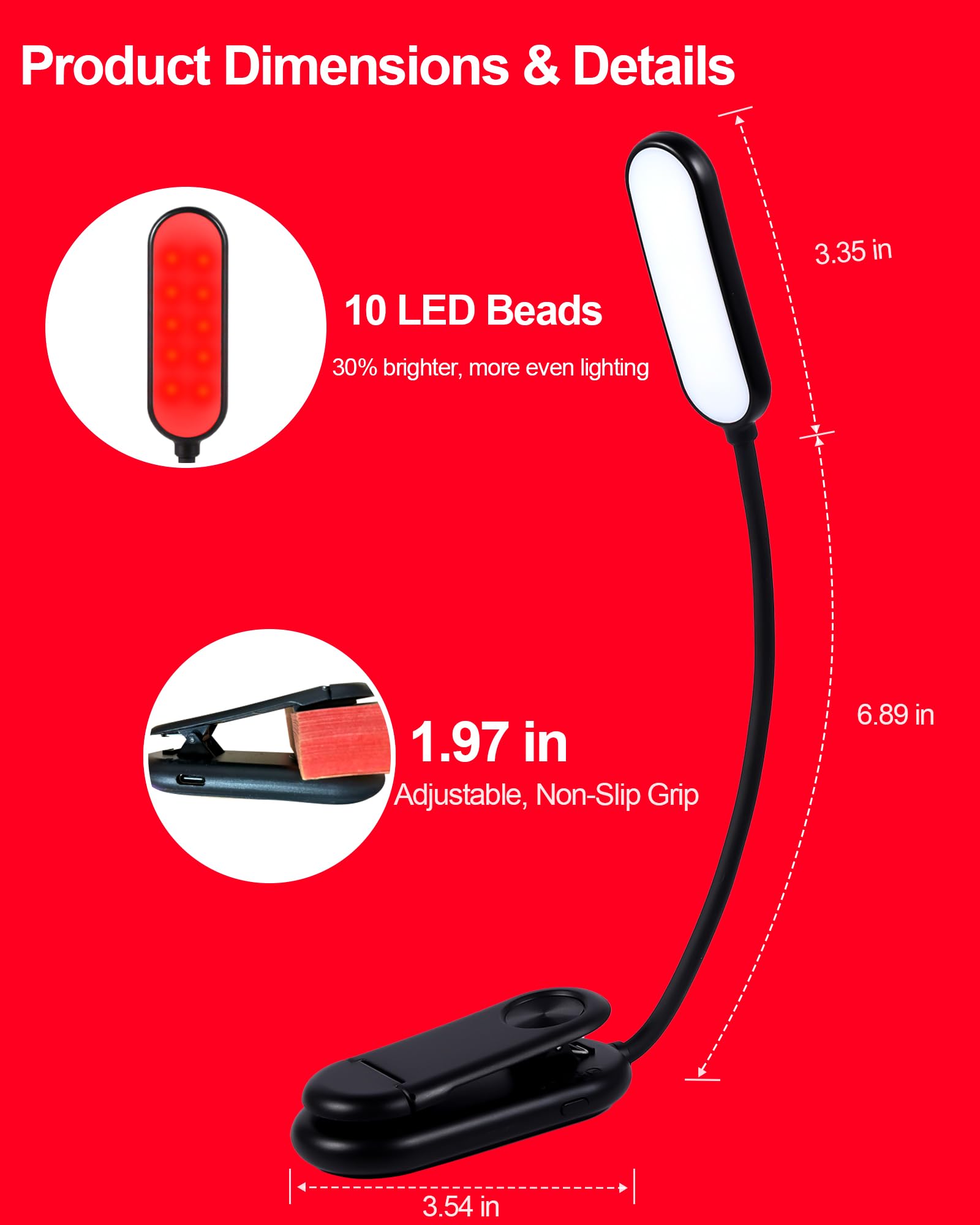 Finezeal Rechargeable Red Book Light - Portable LED Therapy Lamp, 3 Modes, Clip-On, Black-1 Pack