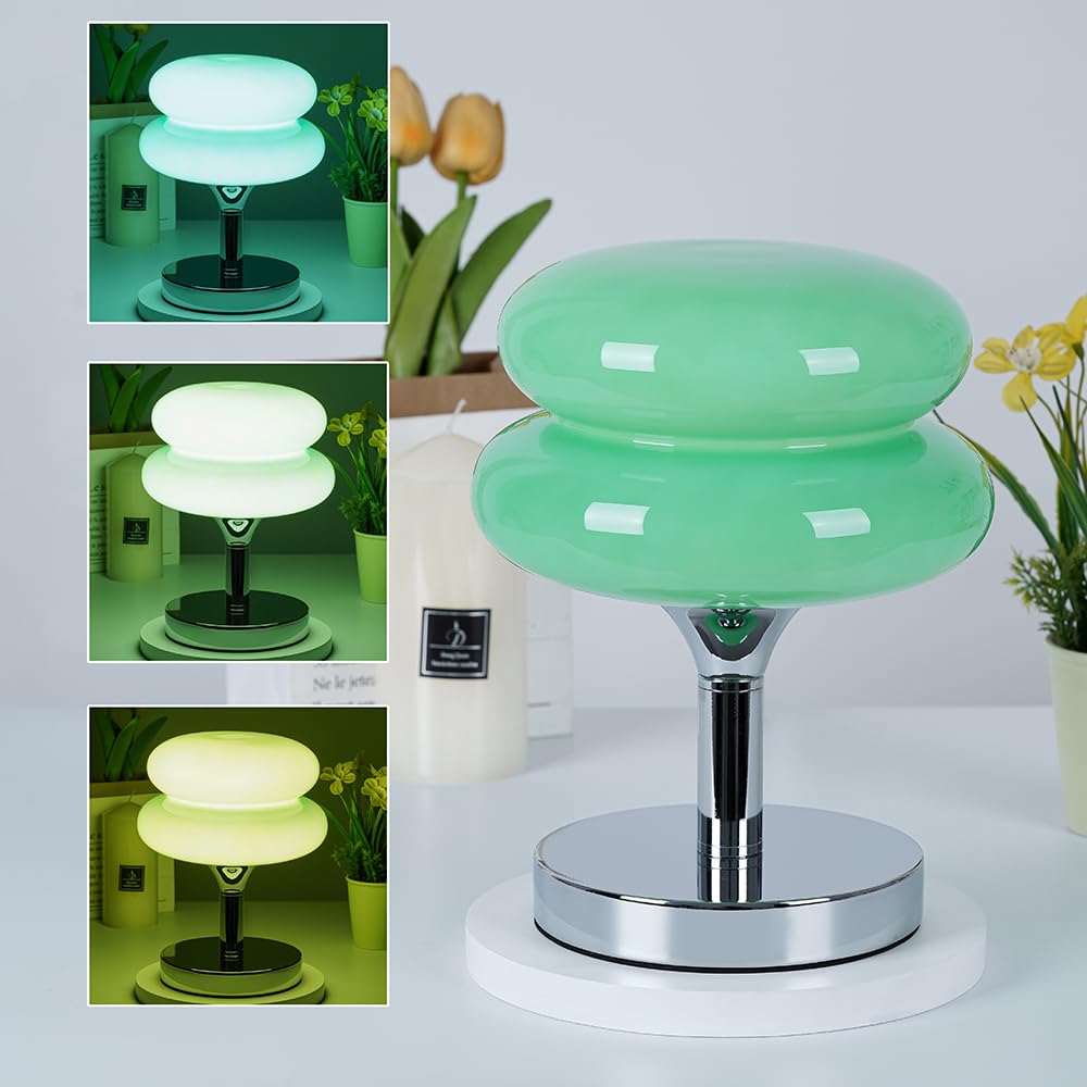 Jiesheng Green Glass Bedside Lamp - 10.63&quot; Retro Egg Tart Design With 3 Color Modes