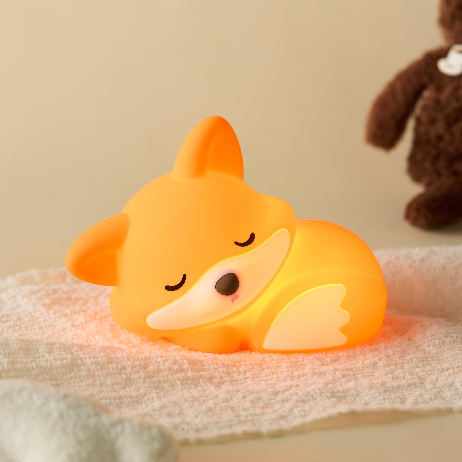 ATSUI Fox Night Light, LED Squishy Novelty Animal Lamp, Food Grade Silicone, 2 Level Dimmable, Nursery Nightlight for Desk Decor